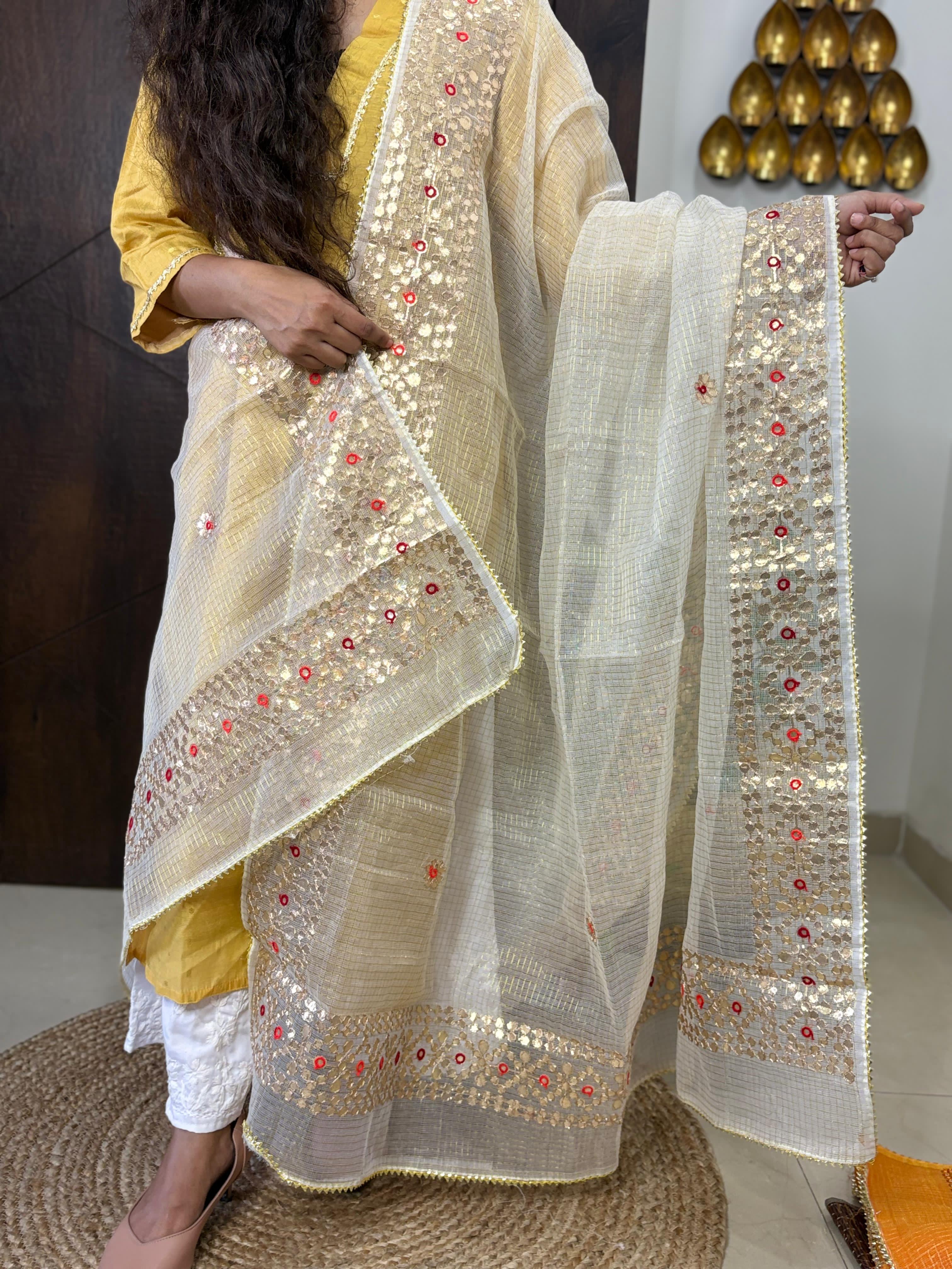 Off White Kota Doria Heavy Gota Patti Work Dupatta