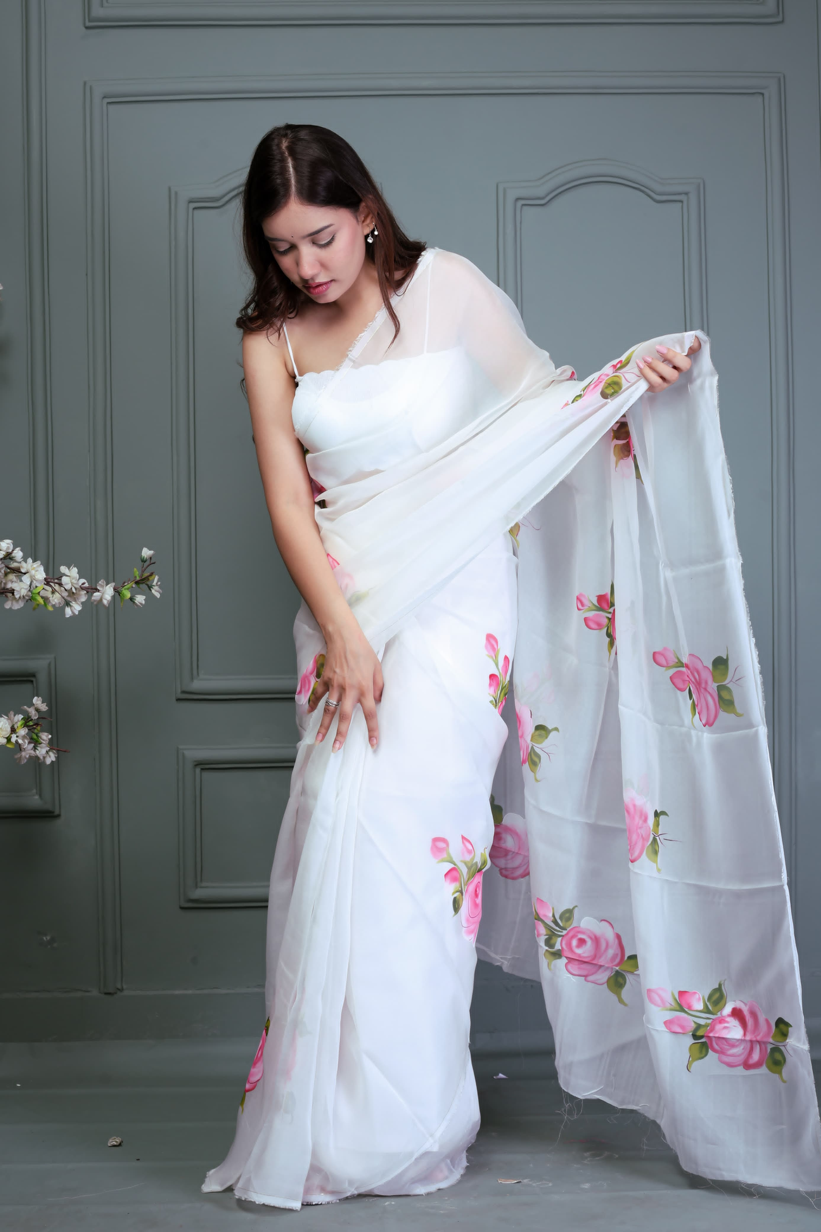 Organza Hand Painted Saree In white