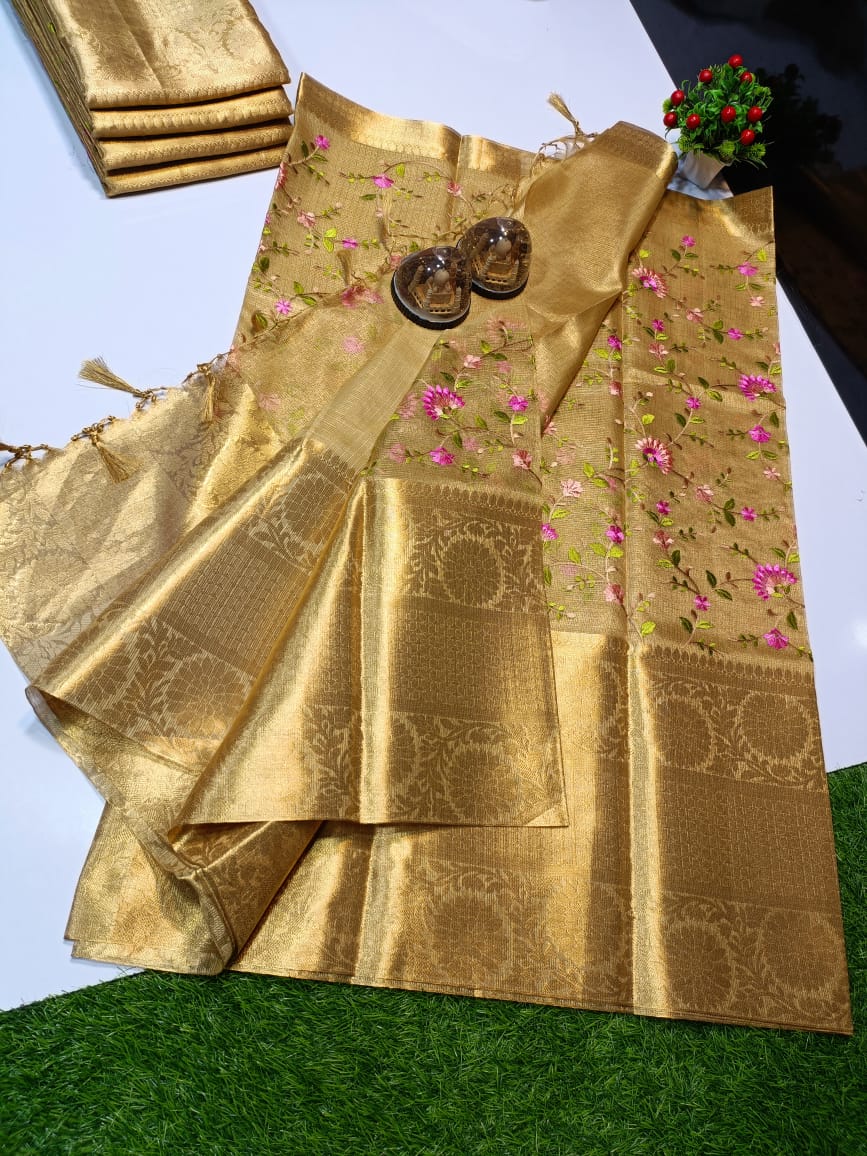 Buy Huts and Looms Dual Tone Purple and Gold Tissue Saree with Unstitched  Blouse online