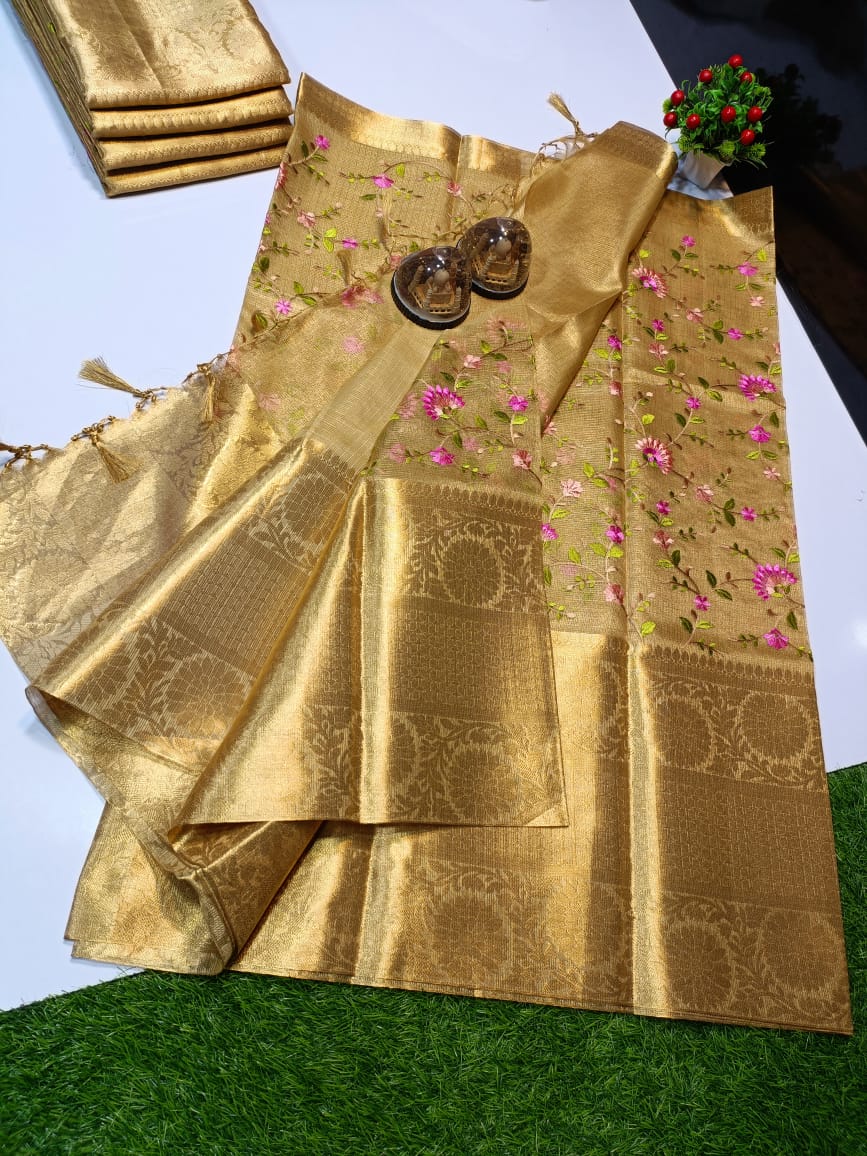 Gold Banarasi Tissue Fancy Party Embroidery Saree