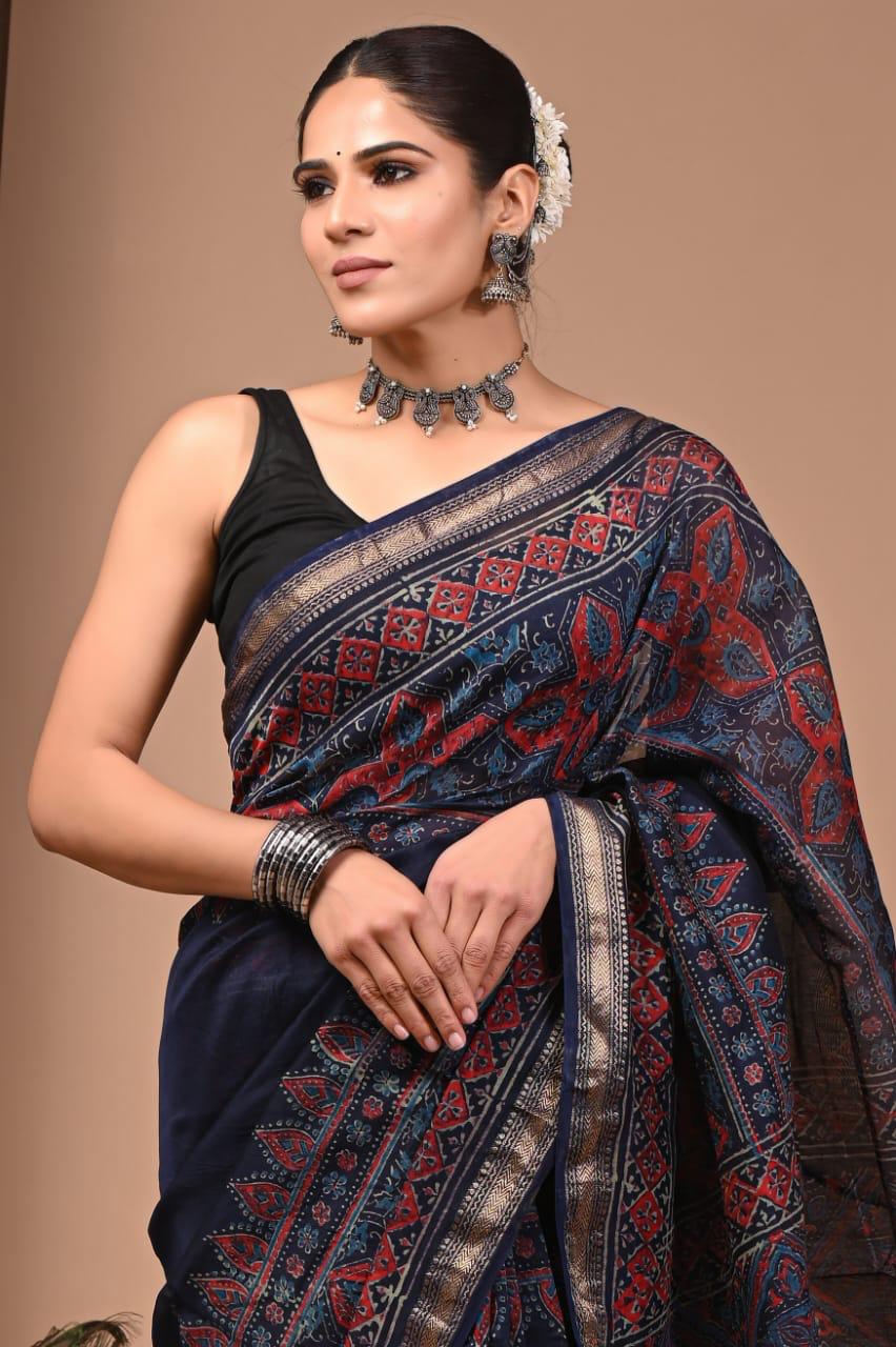 Blue Maheshwari Silk Bagru Hand Block Print Saree