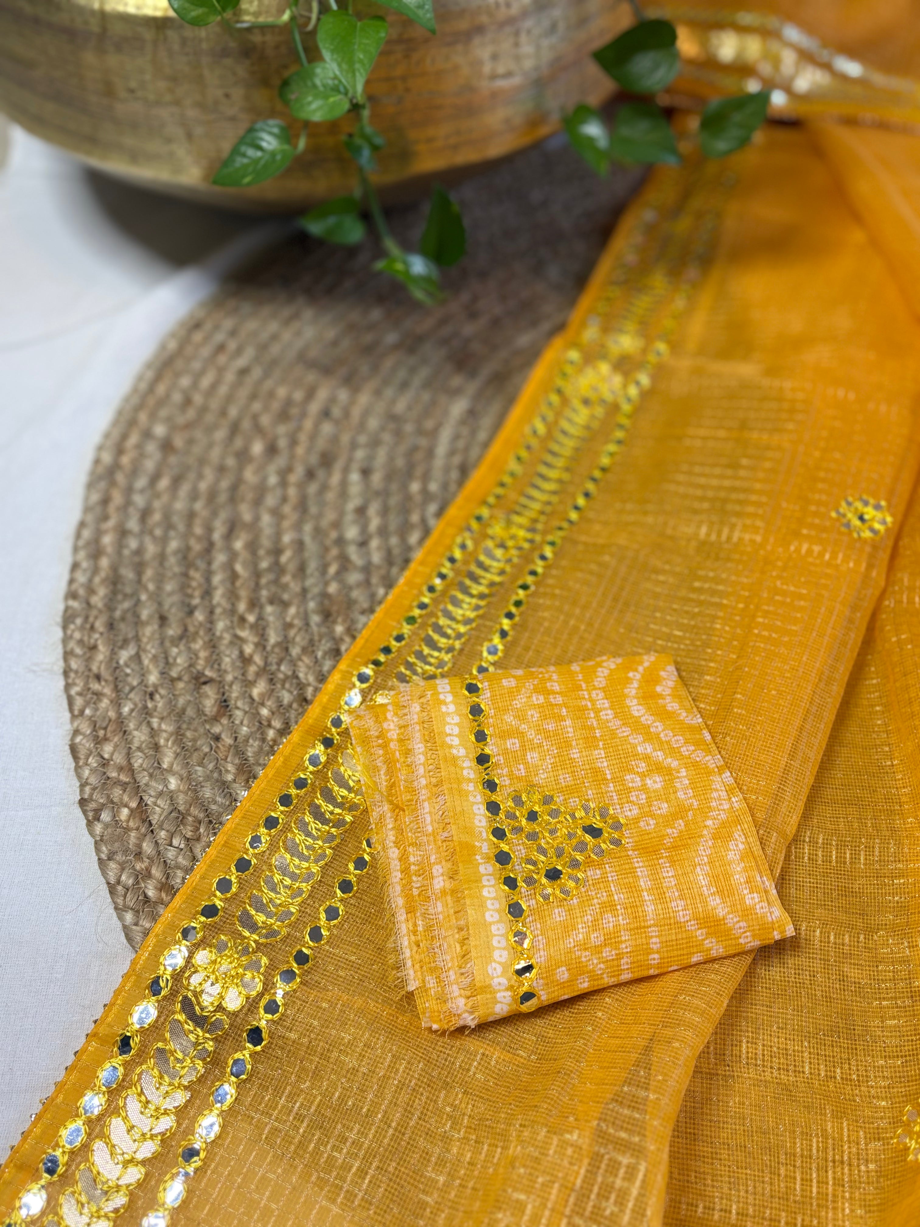 Yellow Kota Doria Gota Patti Saree
