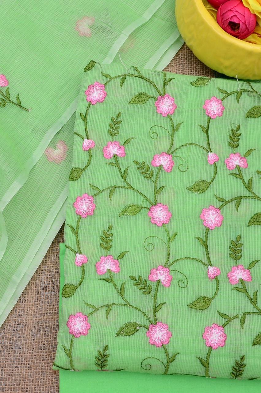 Kota Doria Embroidered Suit Set In Green