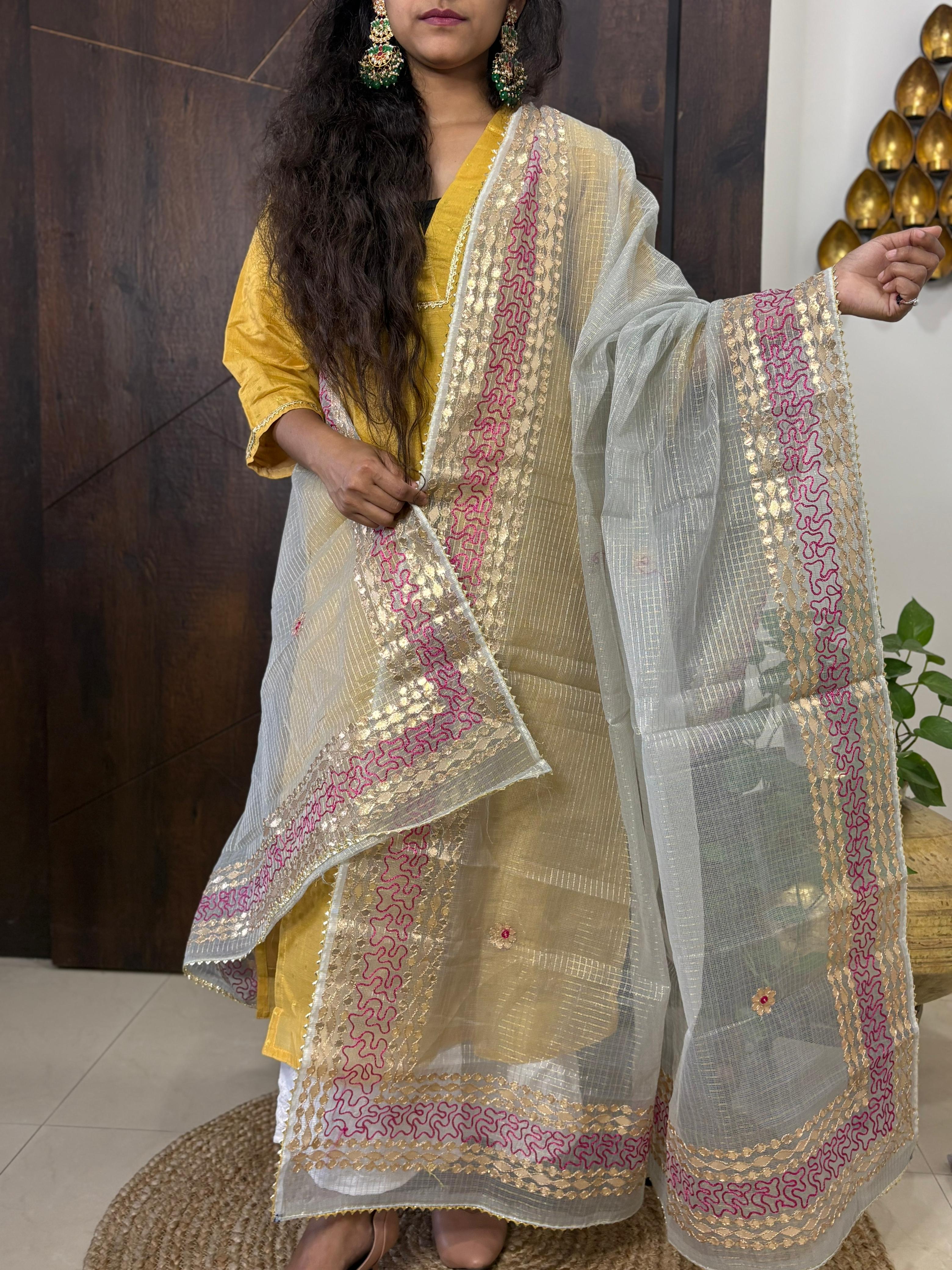 Grey Kota Doria Heavy Gota Patti Work Dupatta