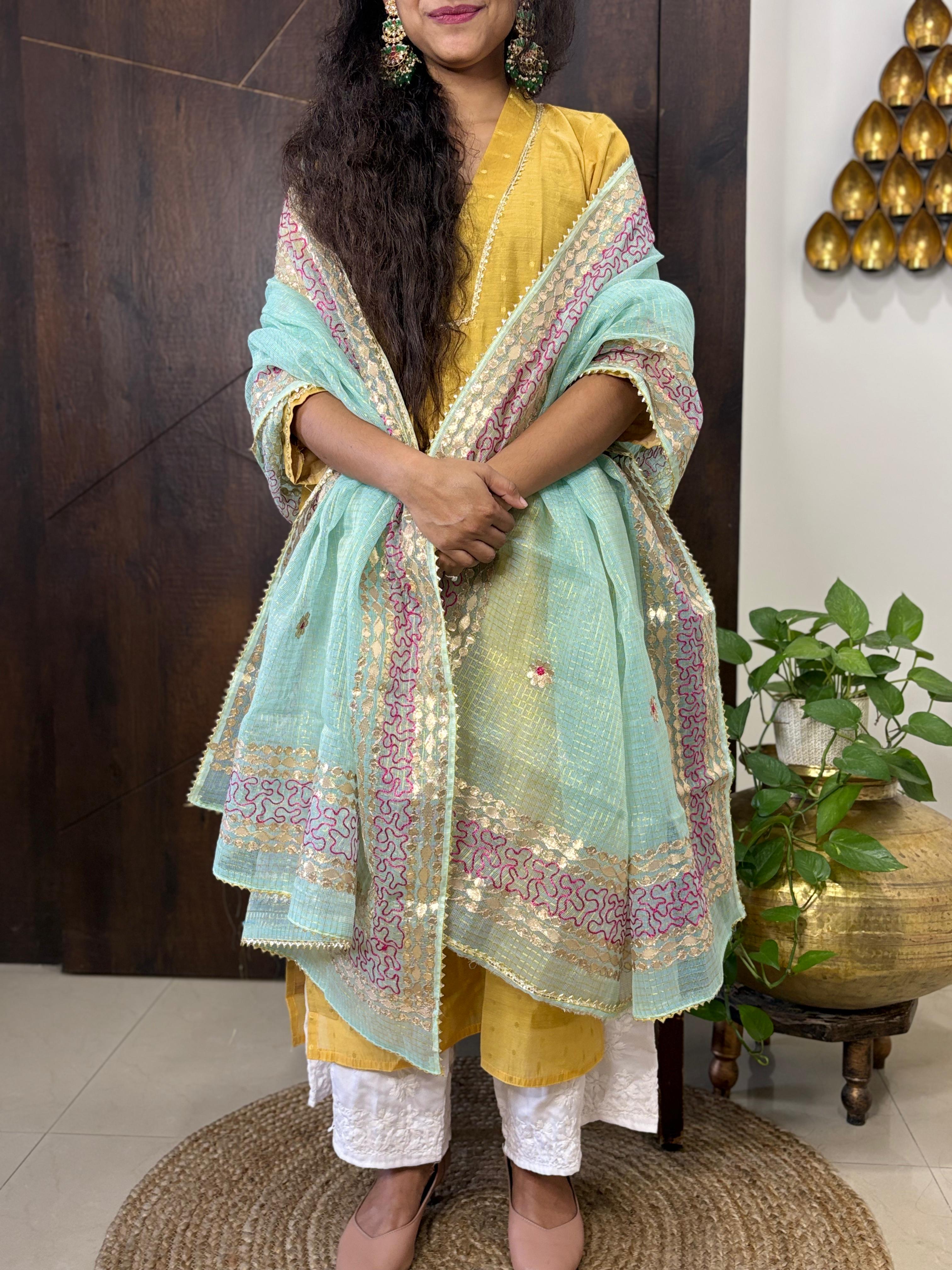 Blue Kota Doria Heavy Gota Patti Work Dupatta