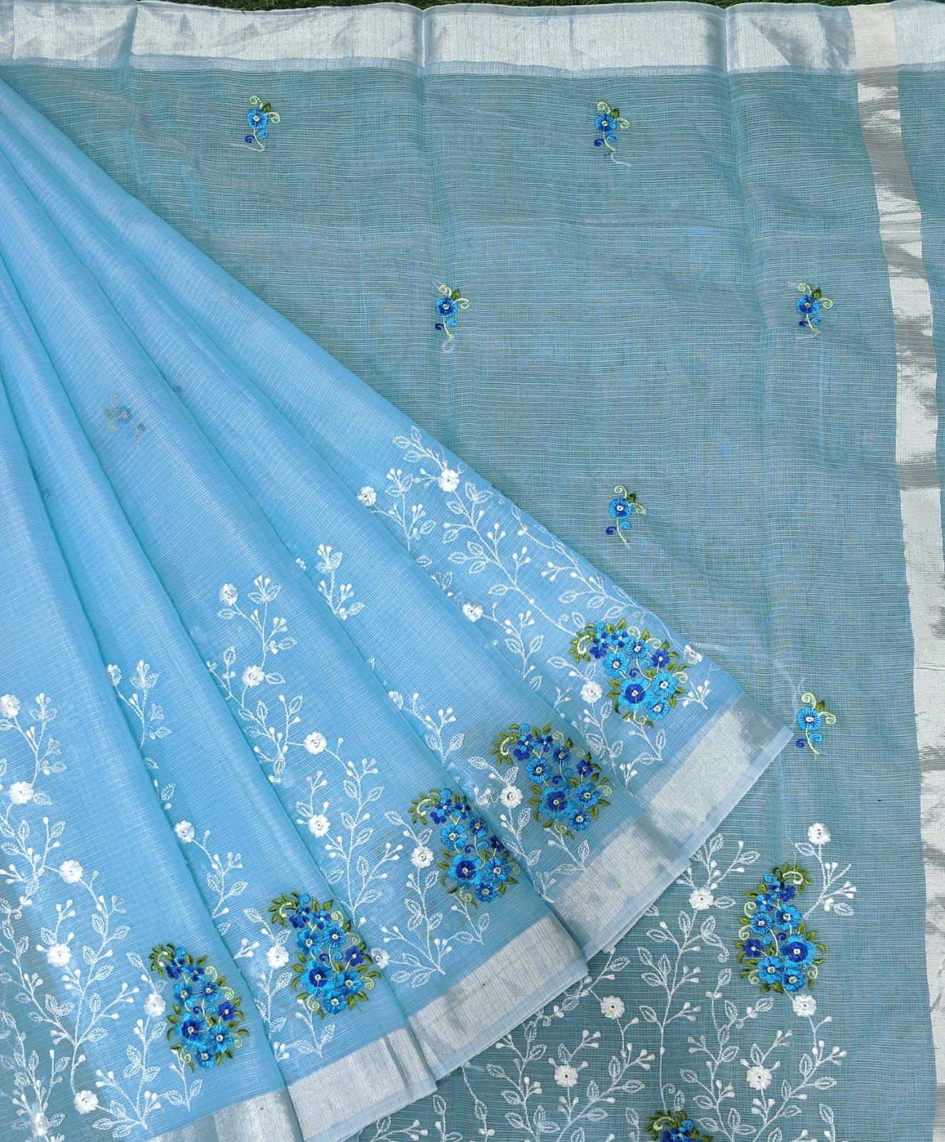 Blue Kota Doria Embroidery Work Sari