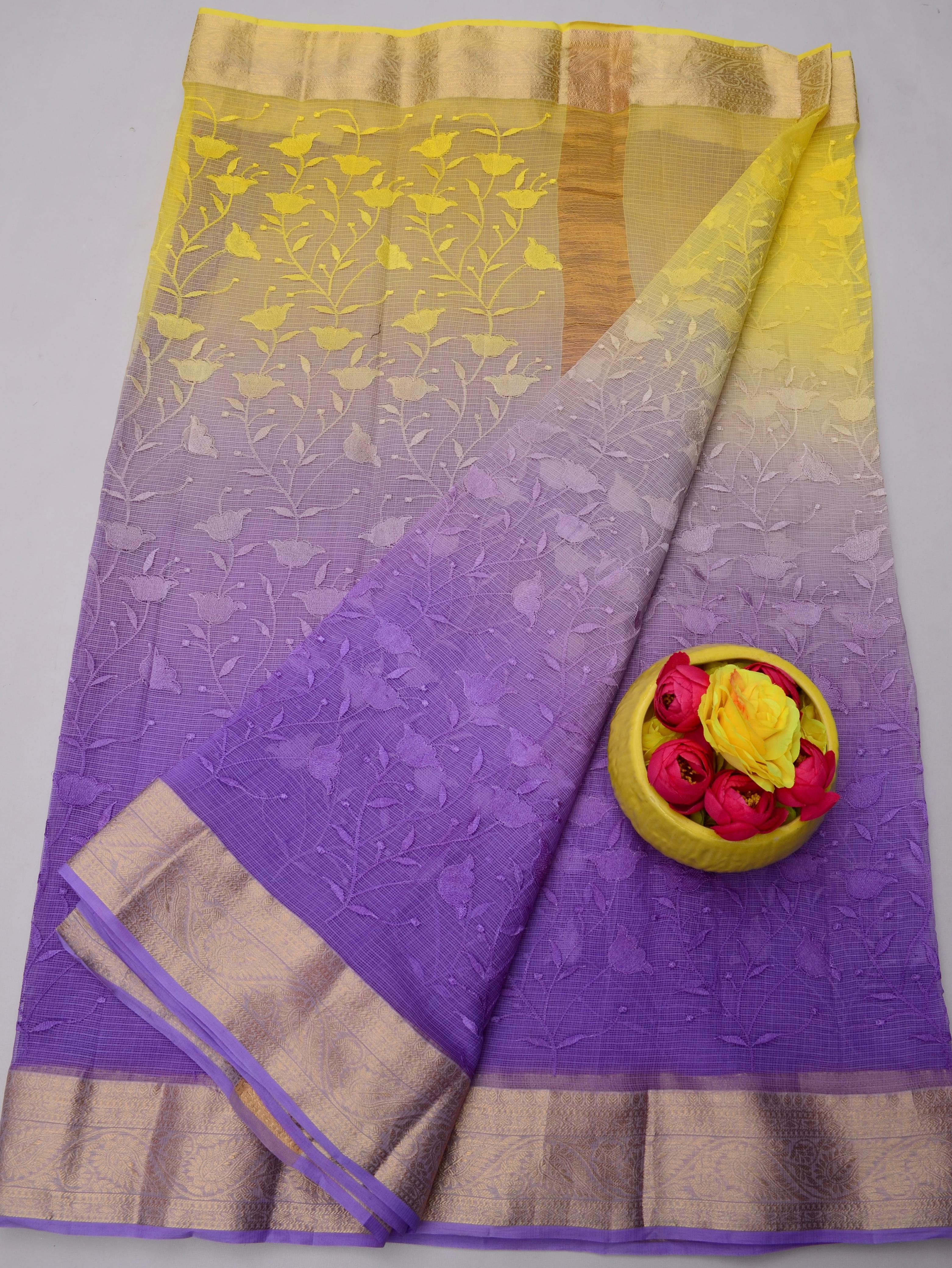 Yellow And Purple Kota Doria All Over Embroidery Work Saree