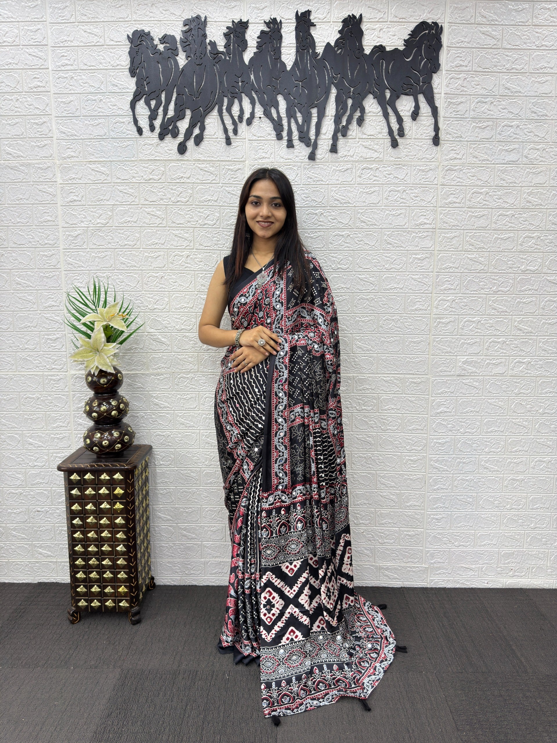 Black Ajrakh Print Mirror Work Satin Silk Saree