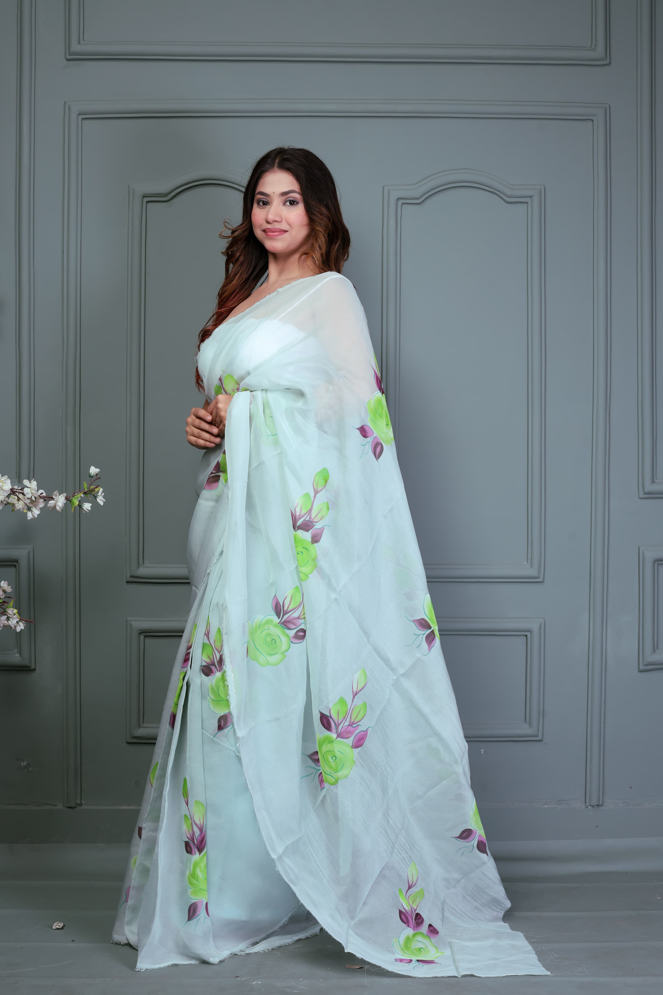 Green Organza Hand Painted Saree