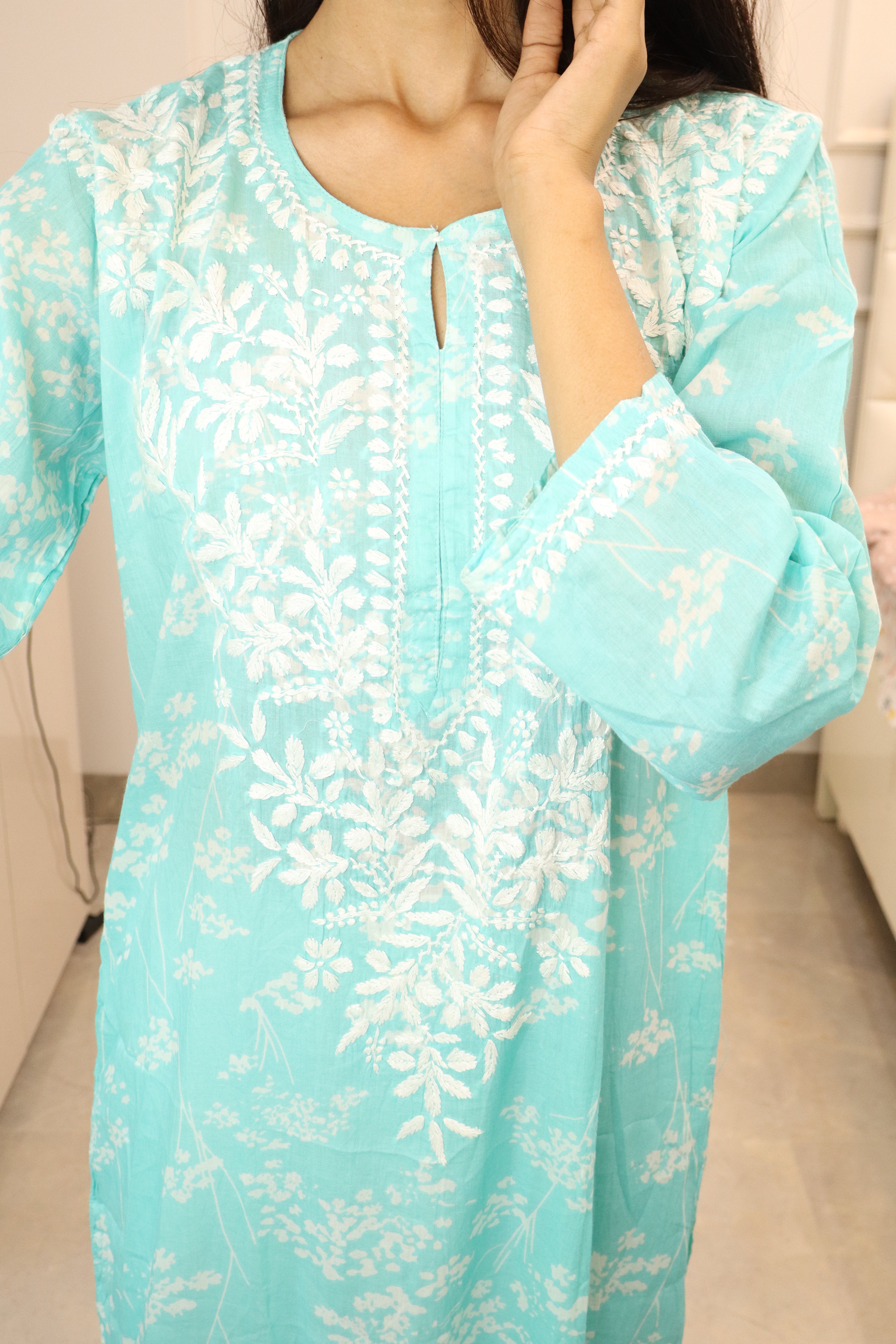 Blue floral mul cotton chikankari kurti (only kurti)