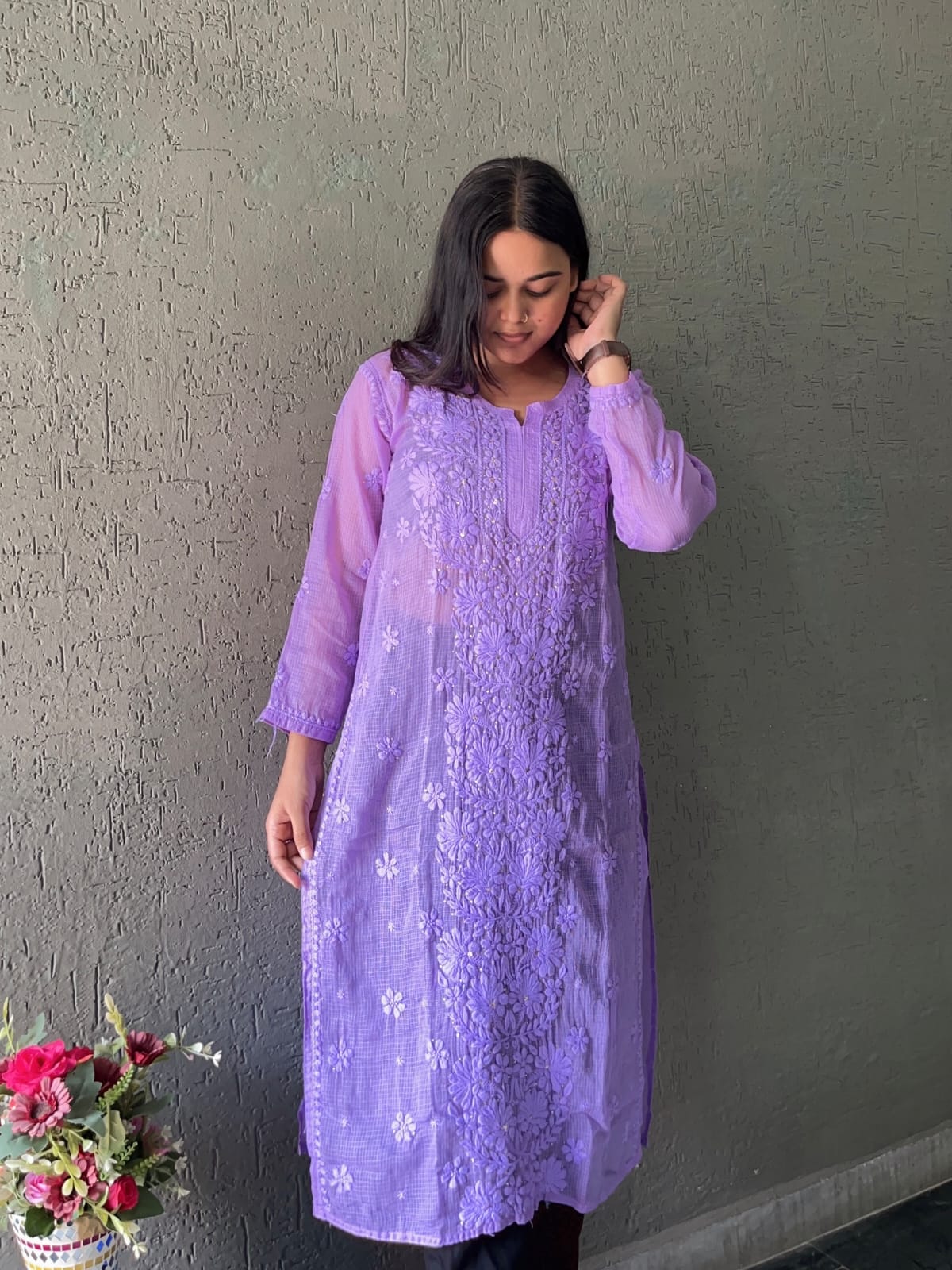 Purple Chikankari Embroidery work Kota doria kurti (only kurti)