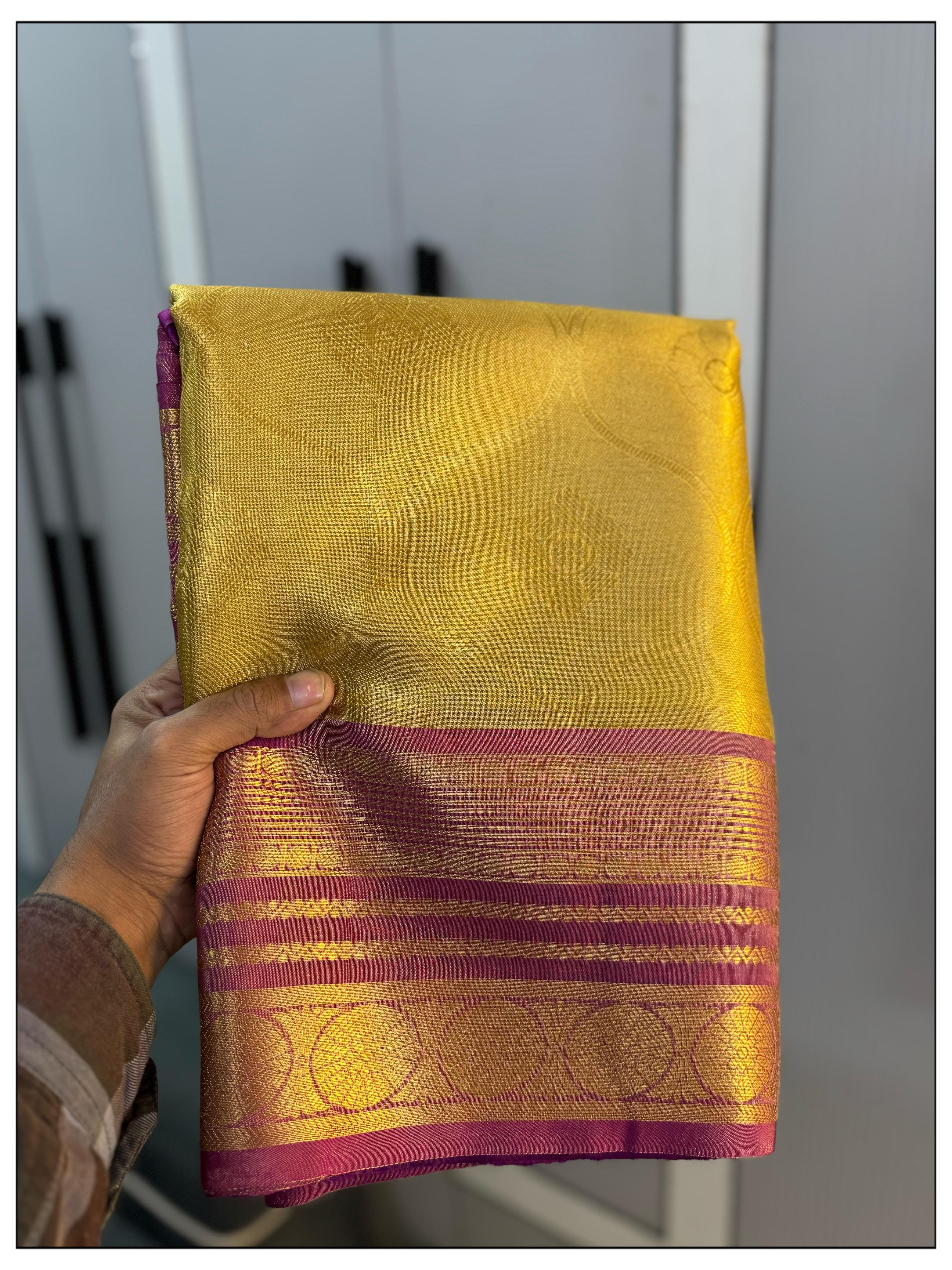 Golden With Pink Banarasi Soft Tissue Saree