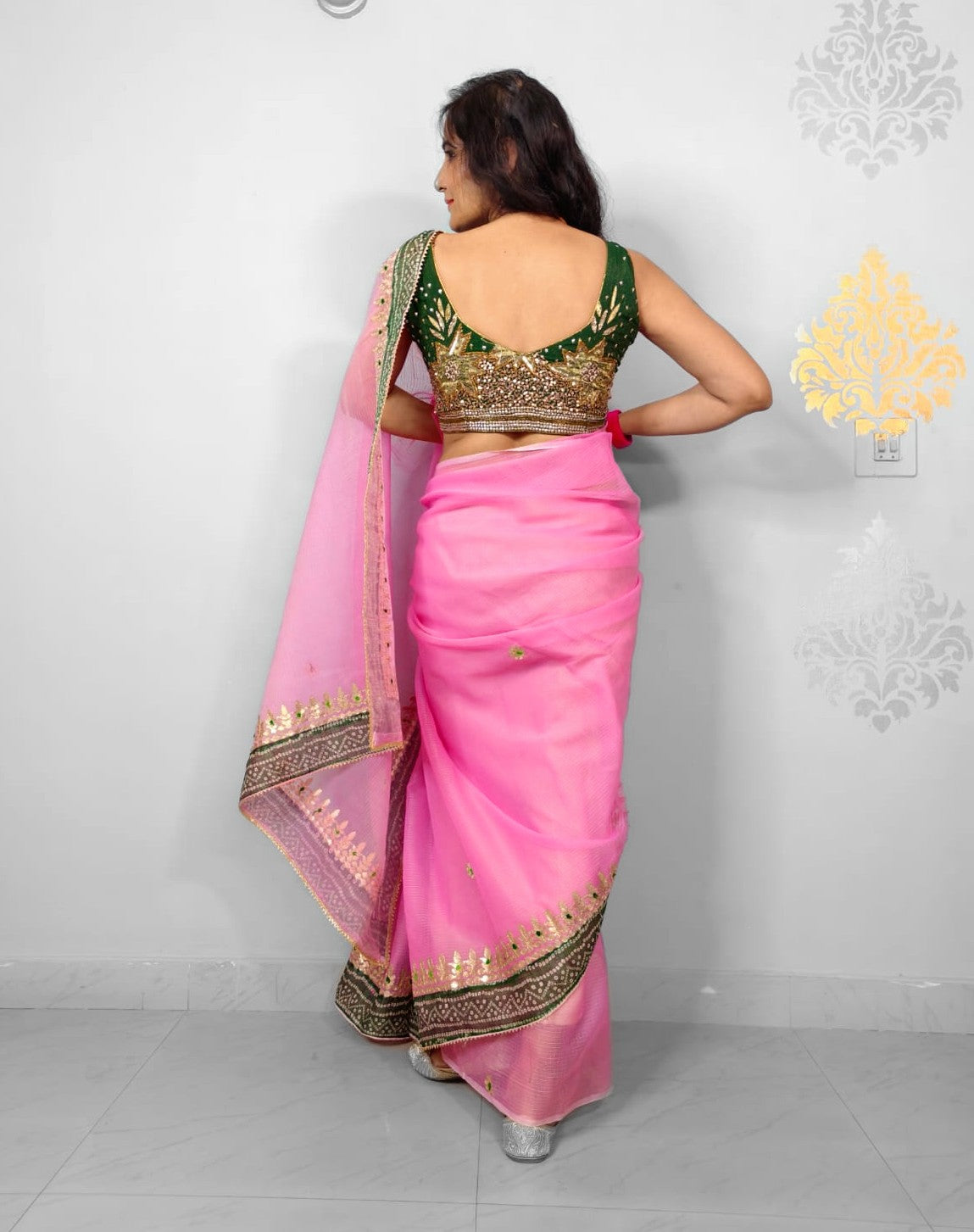 Pink Kota Doria Gota Patti Saree