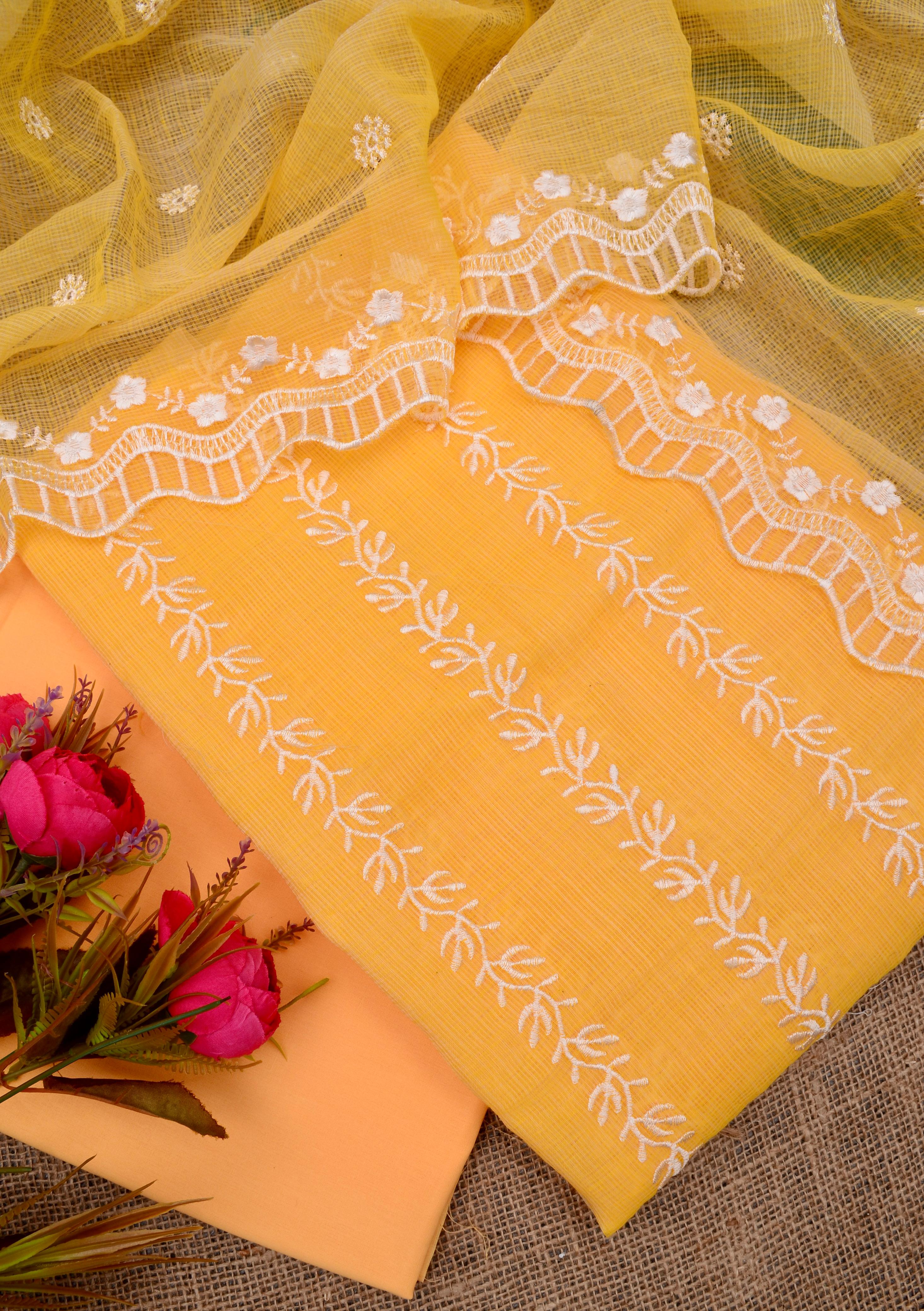 Kota Doriya Embroidery Work Suit In Yellow
