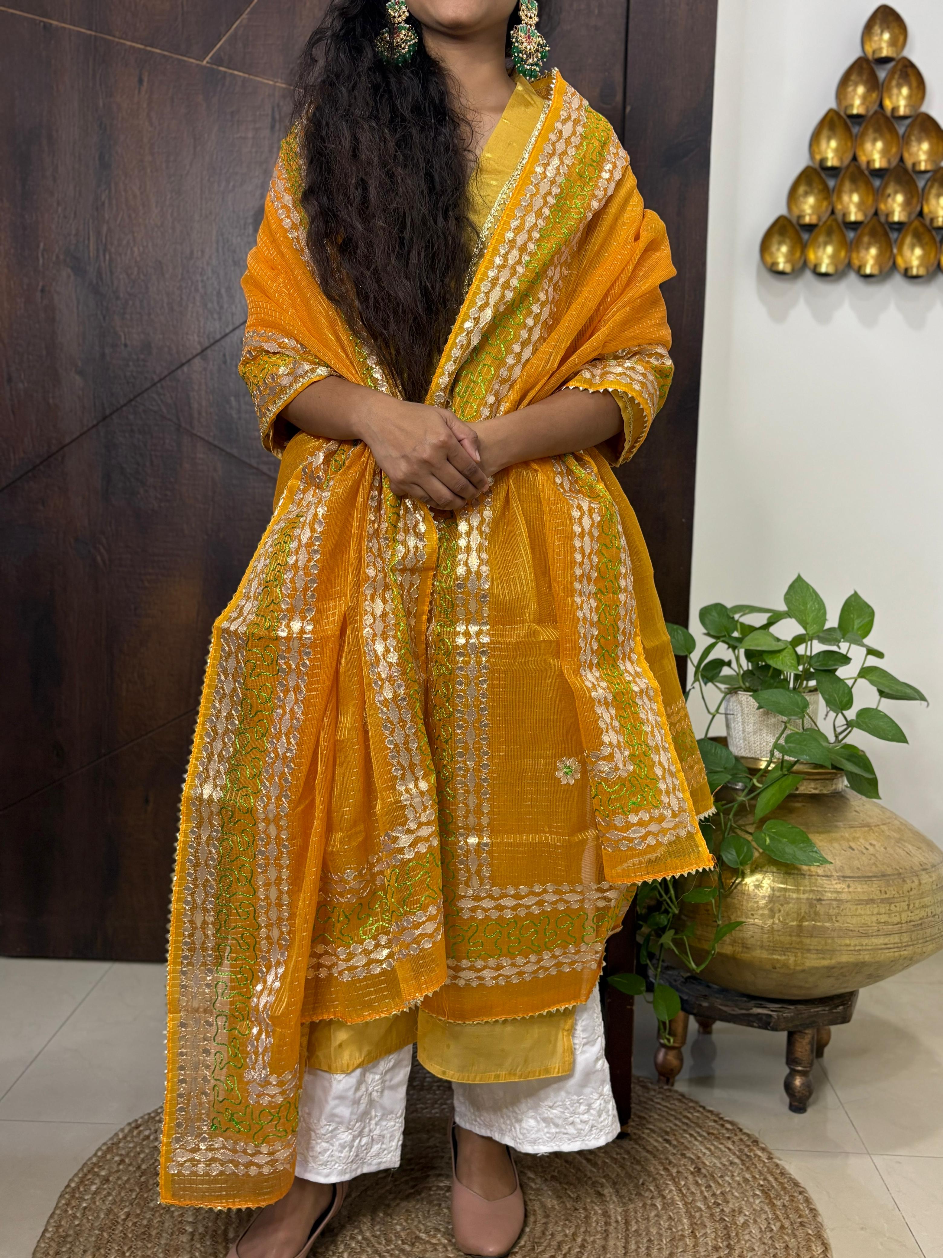 Yellow Kota Doria Heavy Gota Patti Work Dupatta