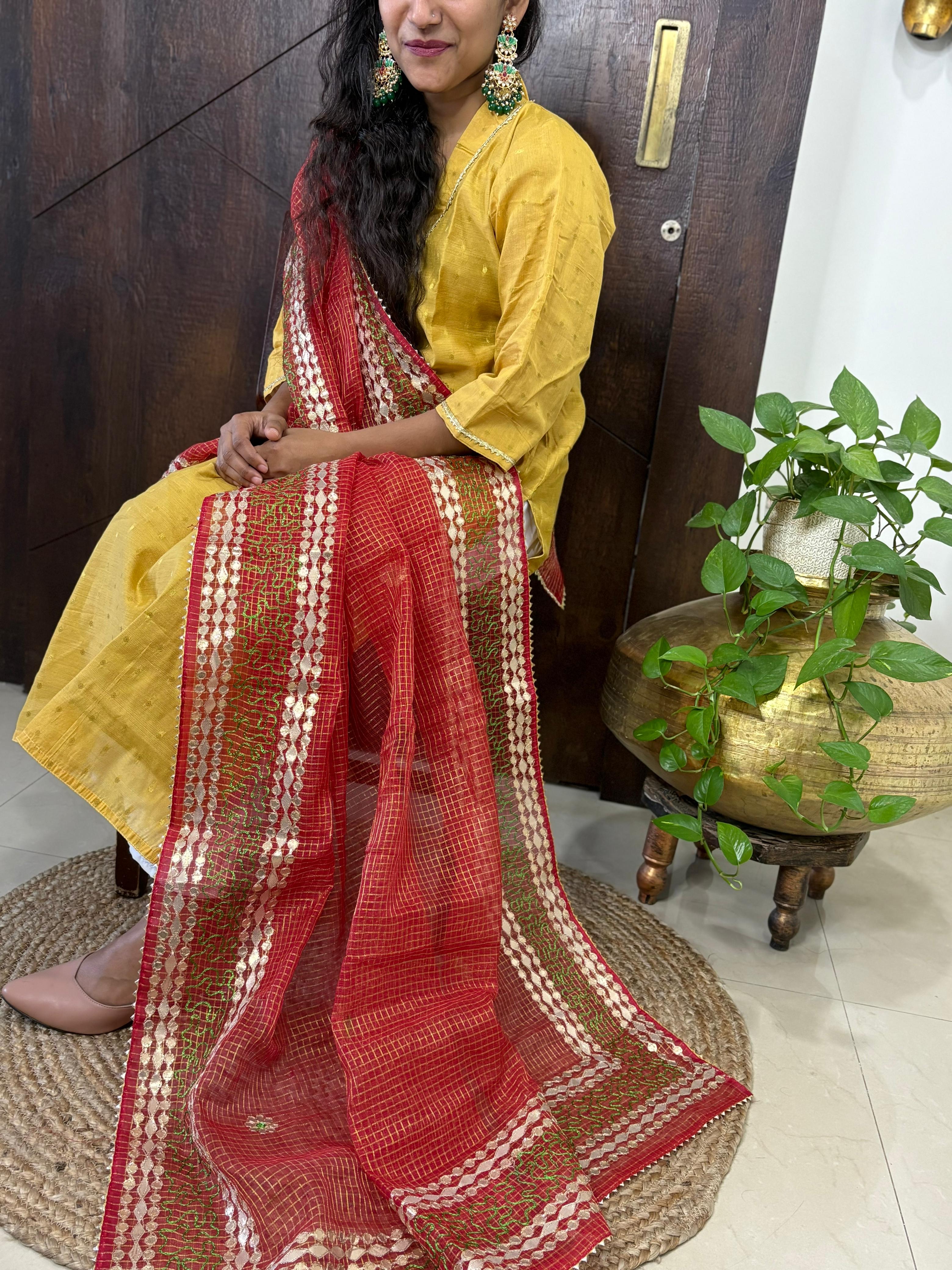Red Kota Doria Heavy Gota Patti Work Dupatta