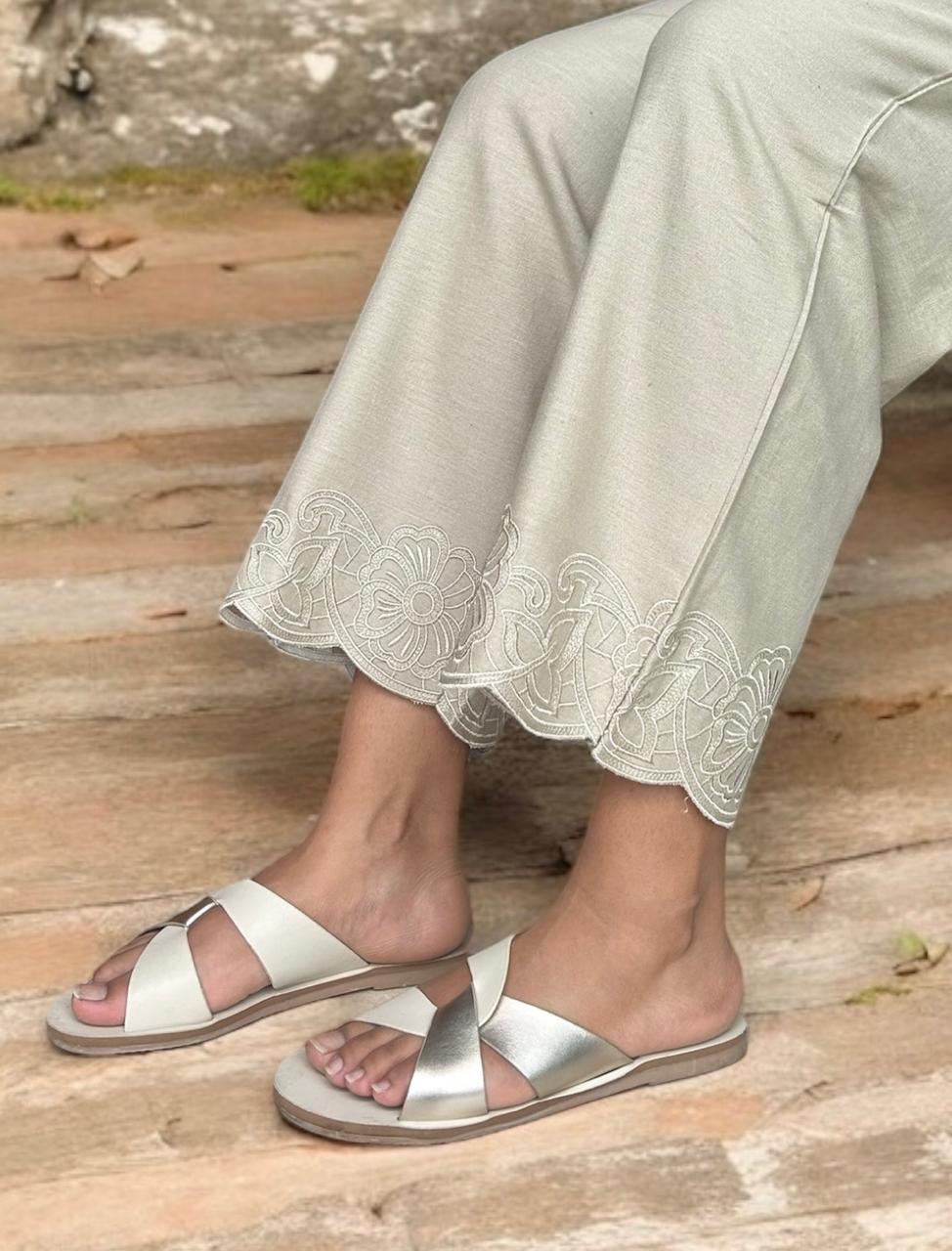 Cream Embroidery Straight Pant In Cotton For Women