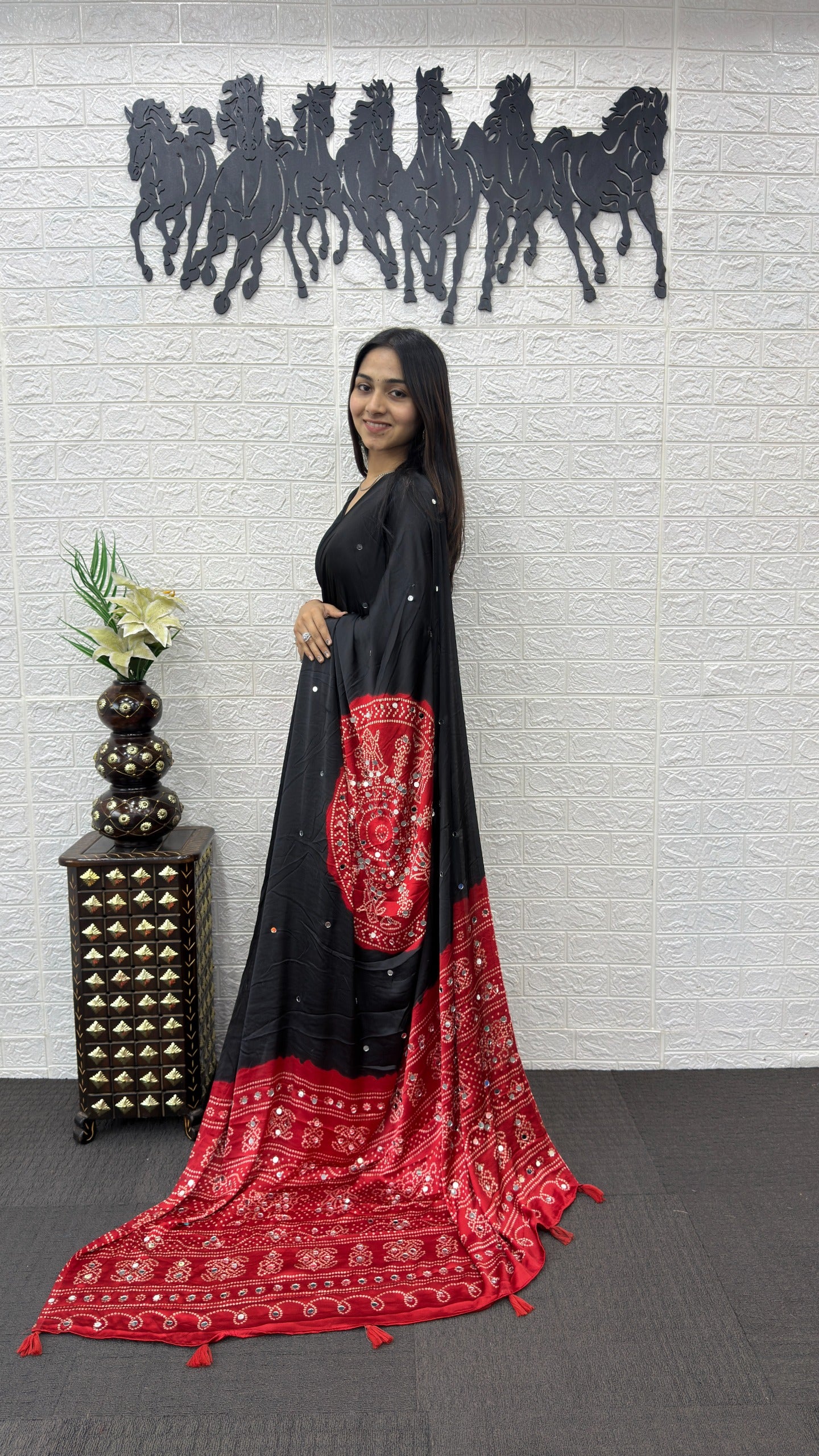 Black Bandhani print Mirror Work Satin Silk Saree