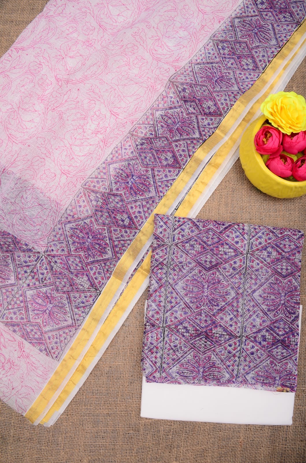 Summer Look Kota Doria Hand Block Print Suit In Pink (unstitched)