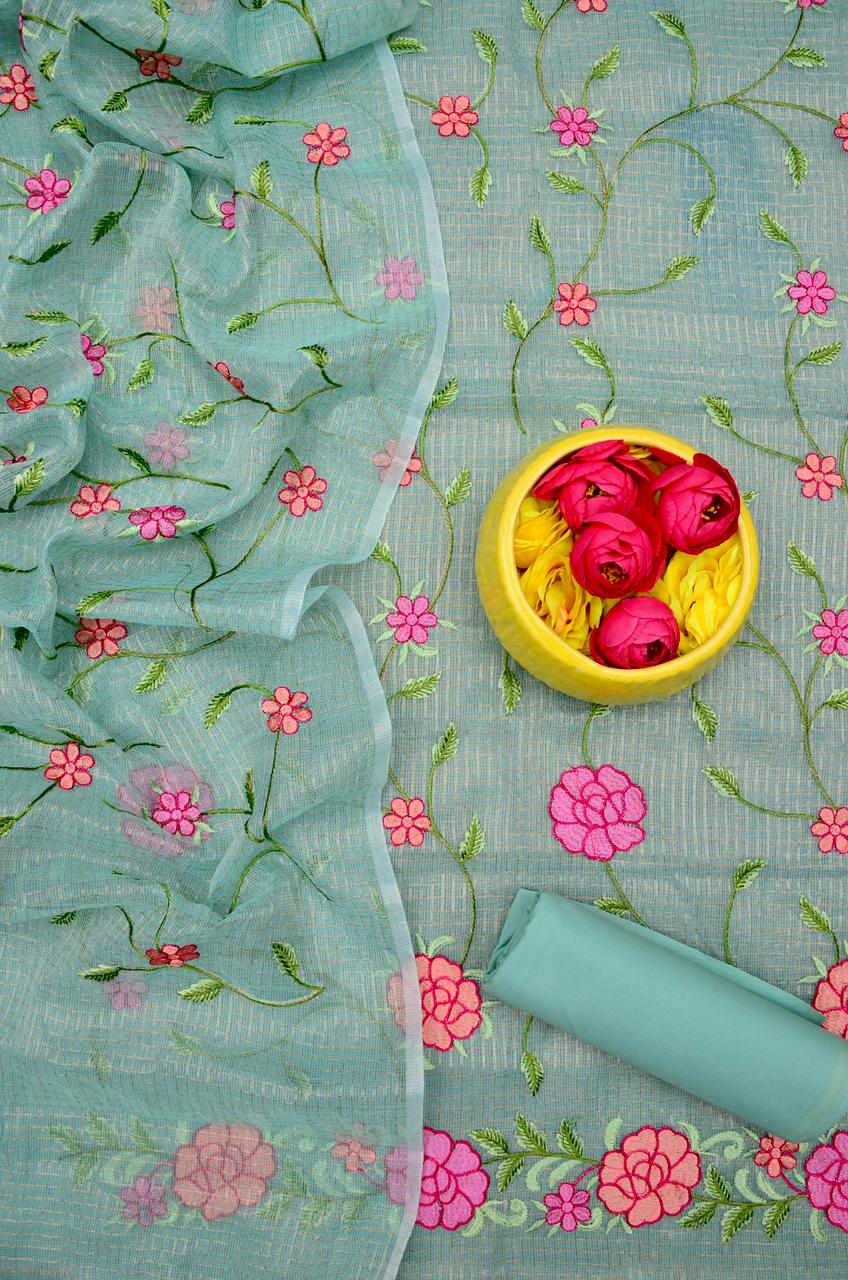 Kota Doria Embroidered Suit Set In Sea Green (unstitched)