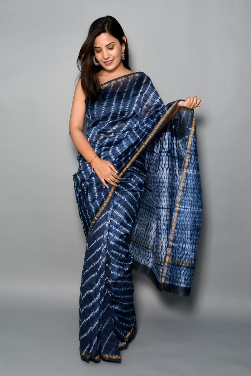 Blue  Chanderi Saree In Flora Print