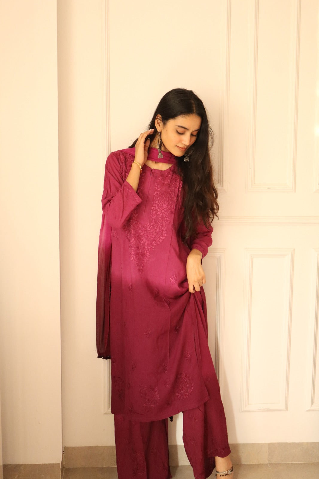 Pink Chikankari Rayon Kurti Palazzo Set With Dupatta