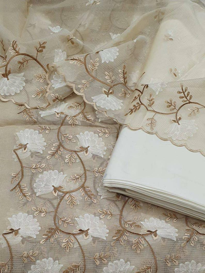 Kota Doriya Embroidery Work Suit In Brown