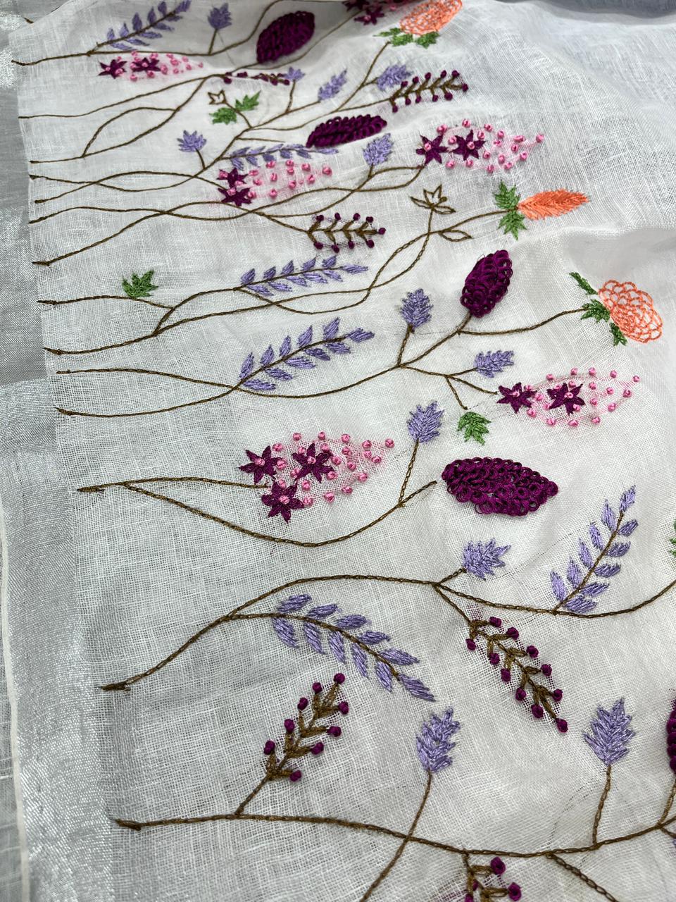 Linen Embroidery Saree In Purple & White