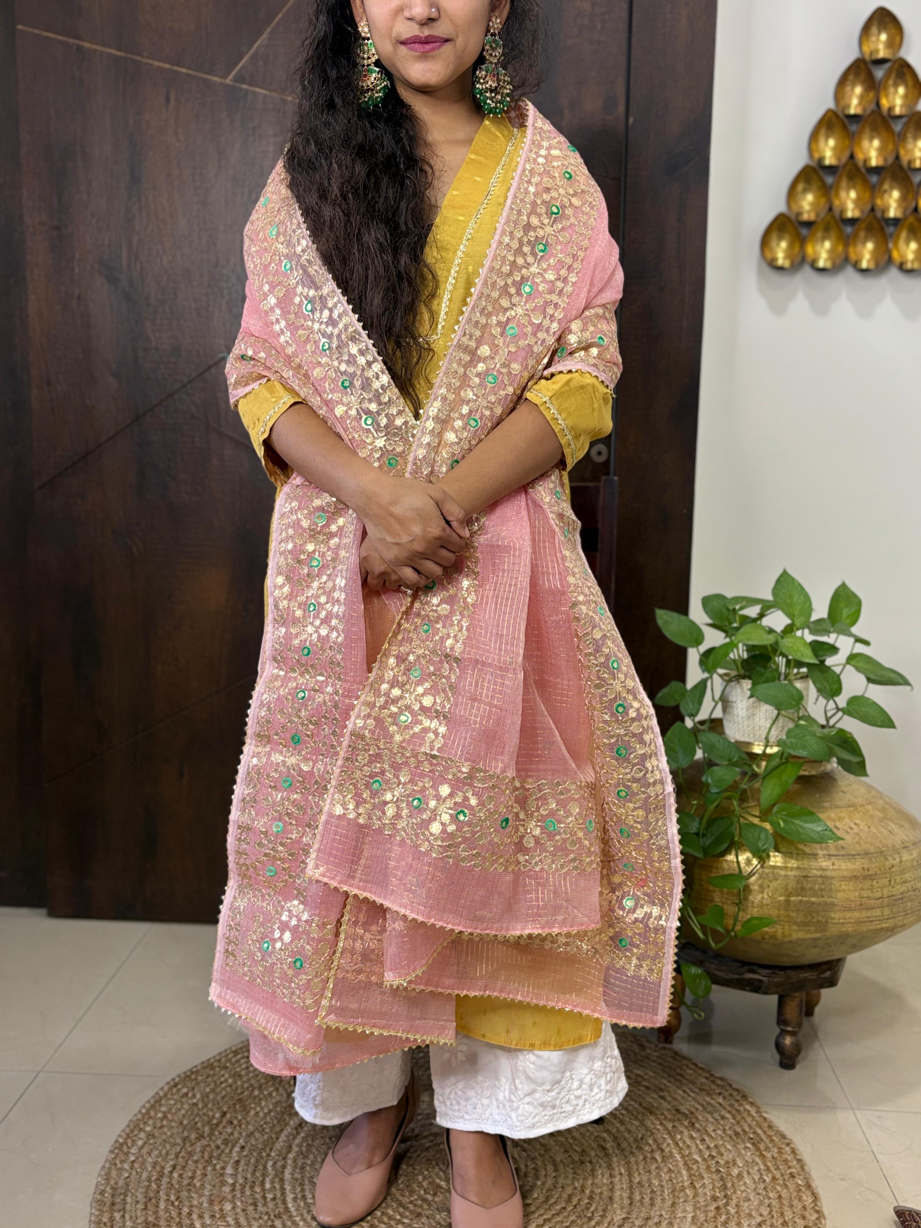 Pink Kota Doria Heavy Gota Patti Work Dupatta