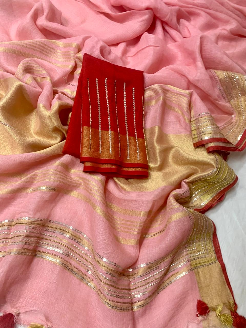 Peach Pure Linen Embroidery Saree