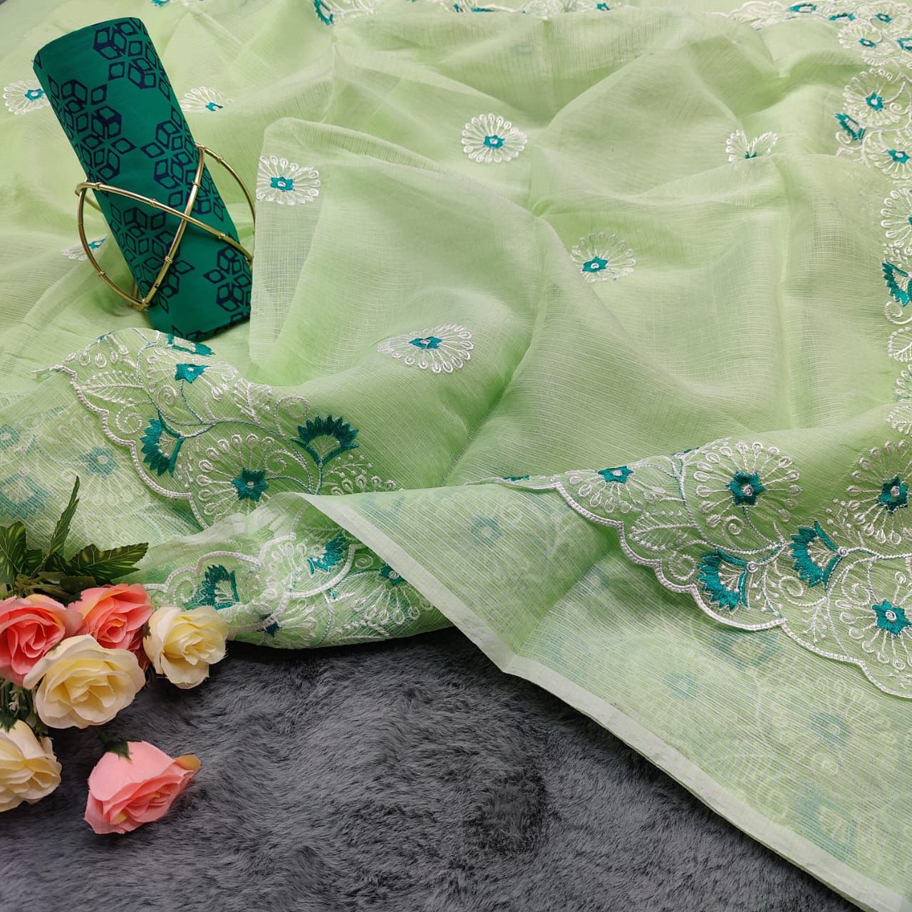 Rajlaxmi- Pastel Green Kota Doria Embroidery Work Sari