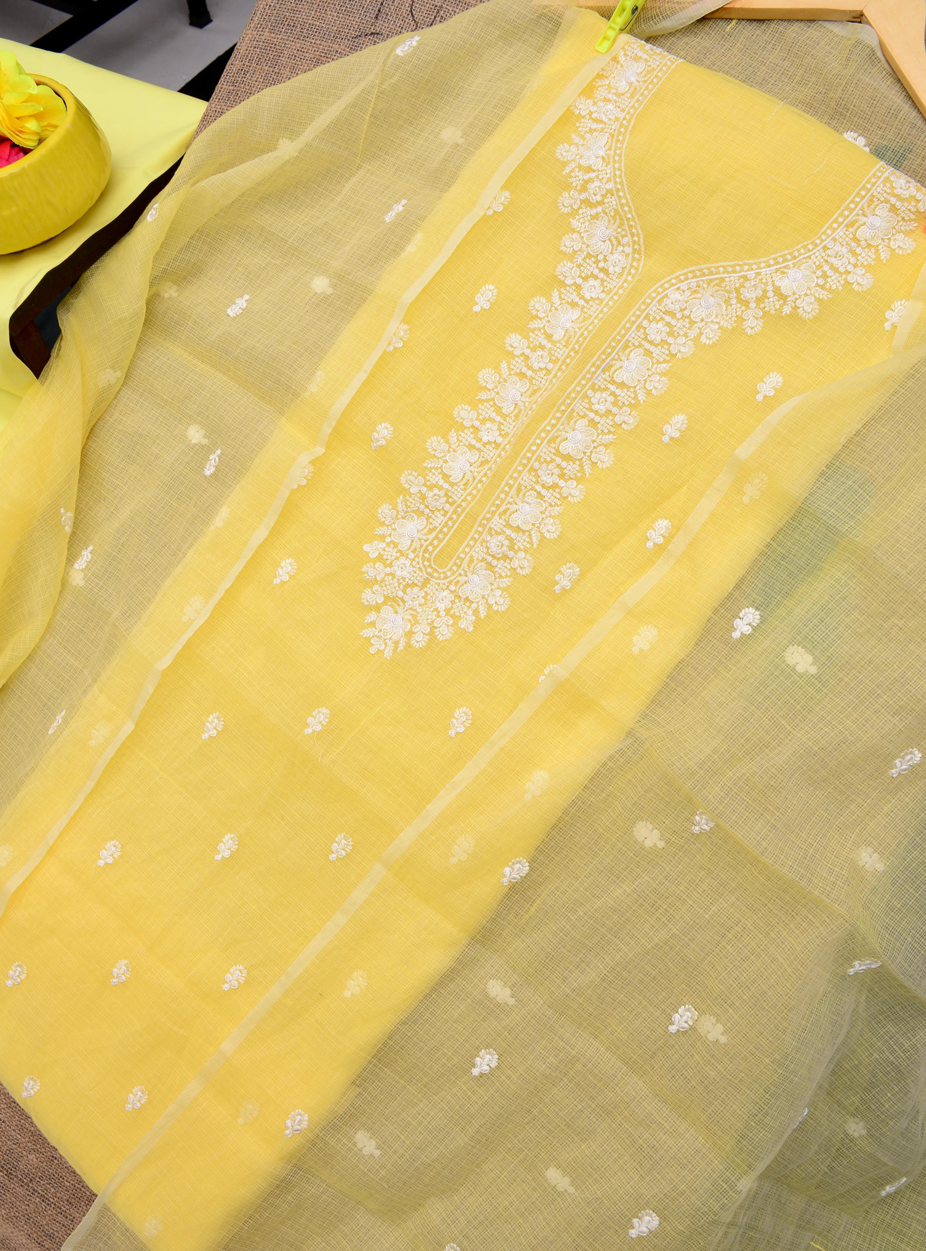 Yellow Embroided Work Kota Doria Suit Fabric With Dupatta
