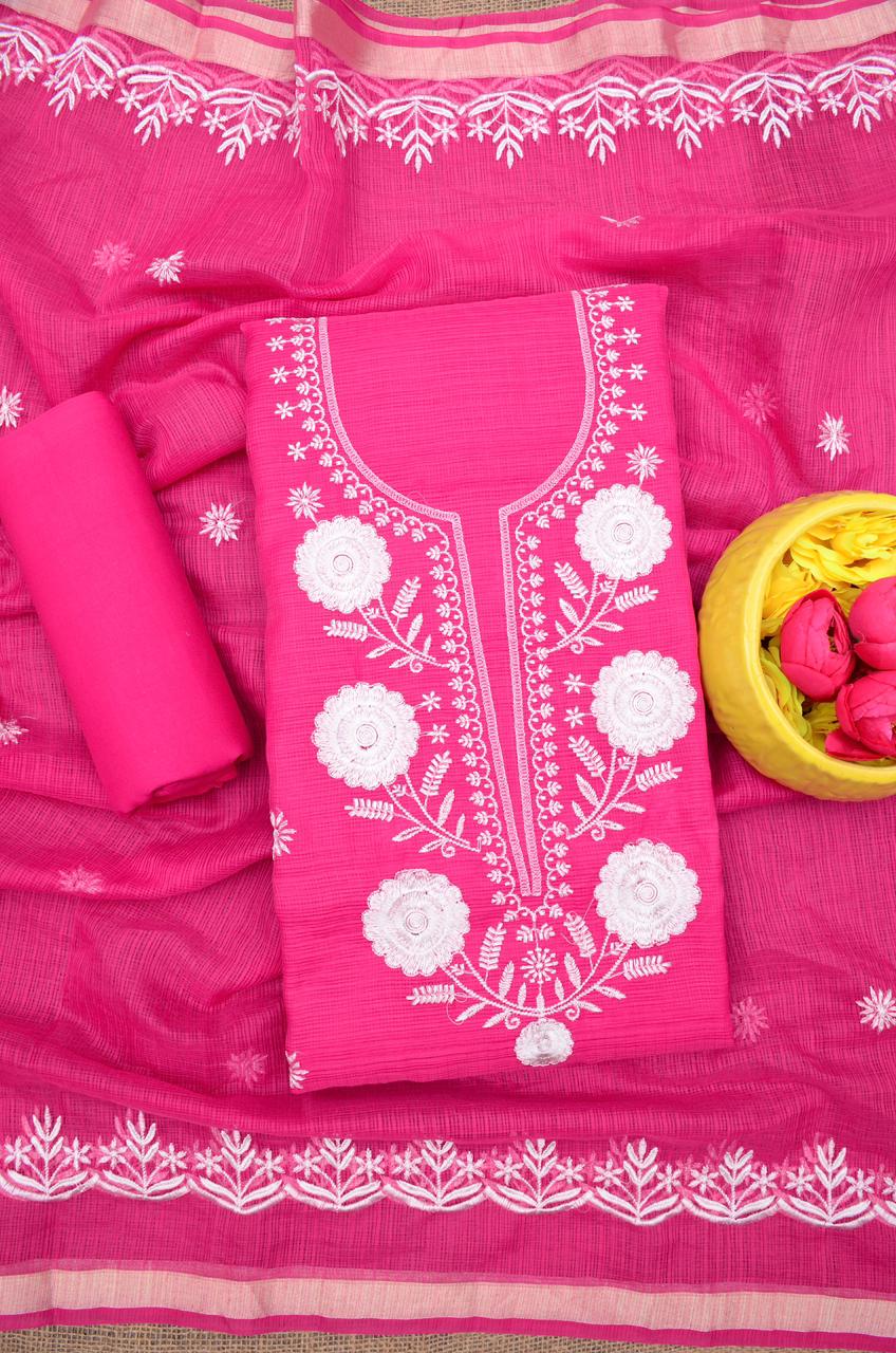 Kota Doria Embroidered Suit Set In Pink (unstitched)