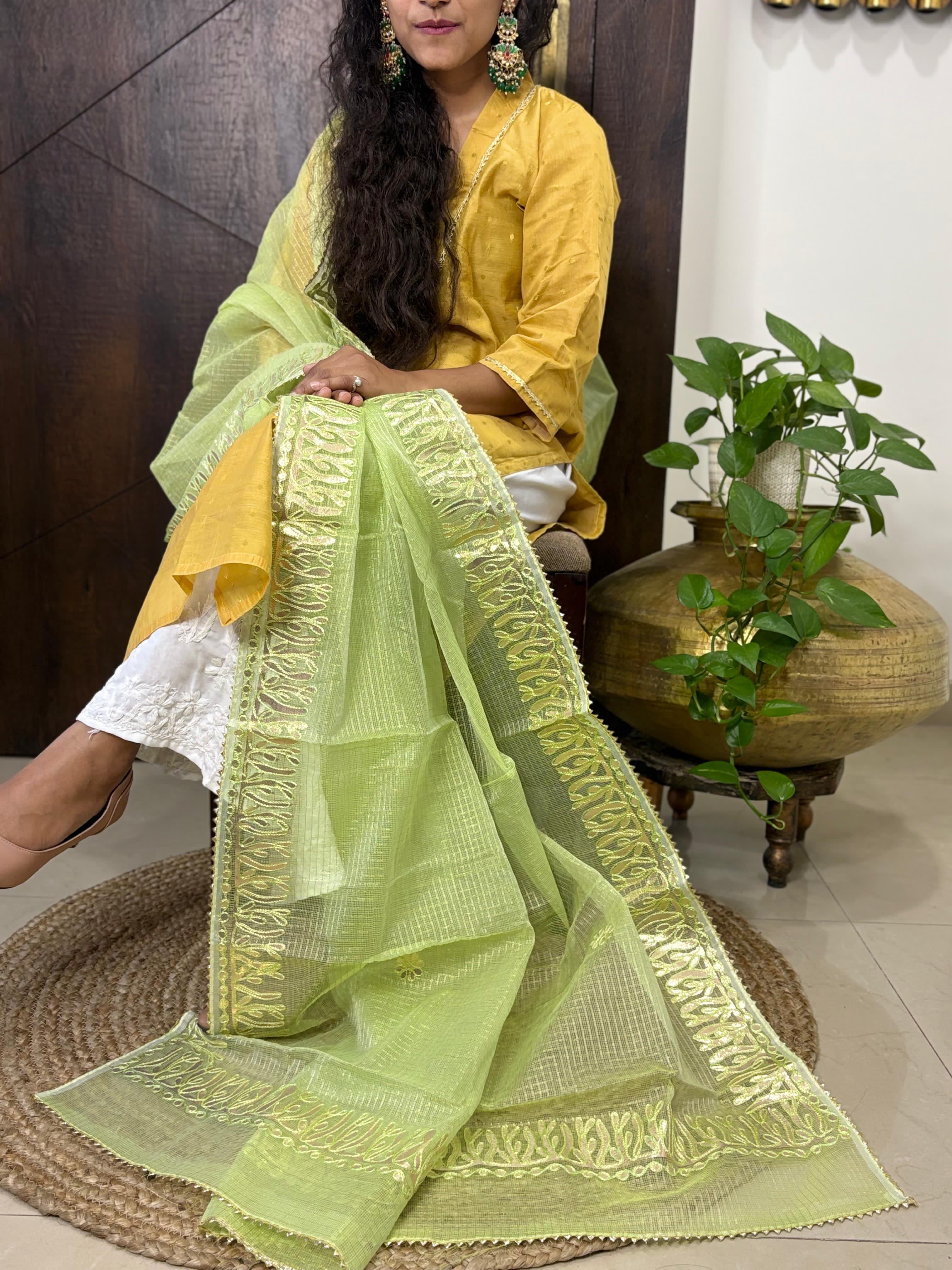 Green Kota Doria Heavy Gota Patti Work Dupatta
