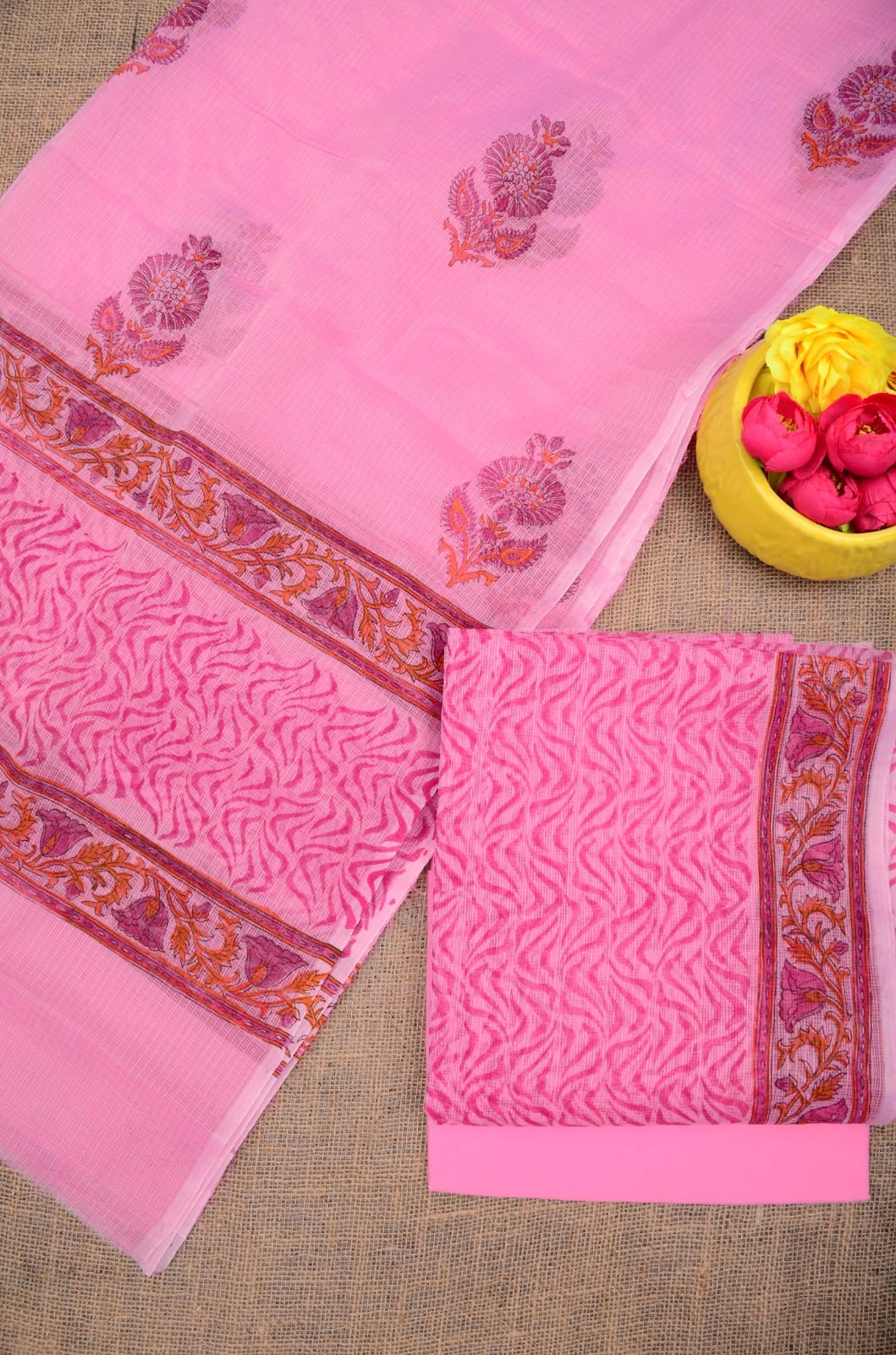 Summer Look Kota Doria Hand Block Print Suit In Pink (unstitched)