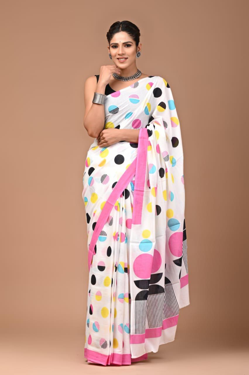 Multicolor Fun Polka Hand Block Print MulMul Cotton Saree