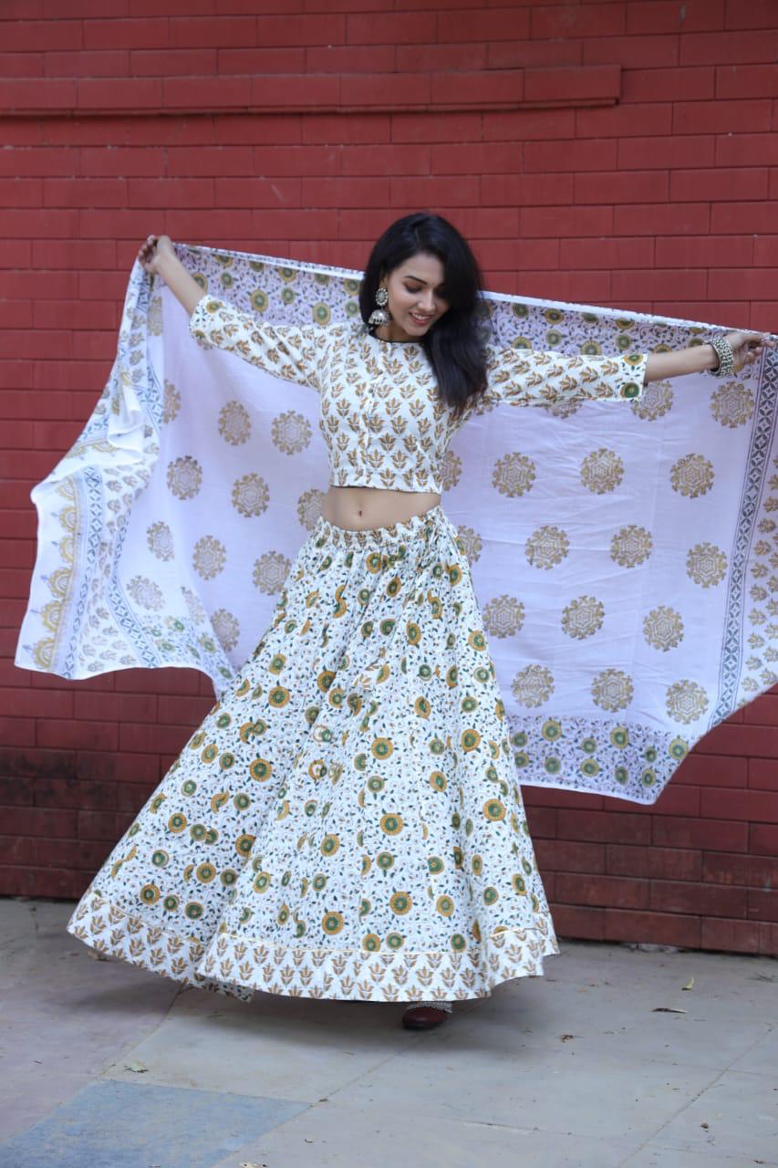 Off white Colour Bagru Print Flora lehenga choli Set