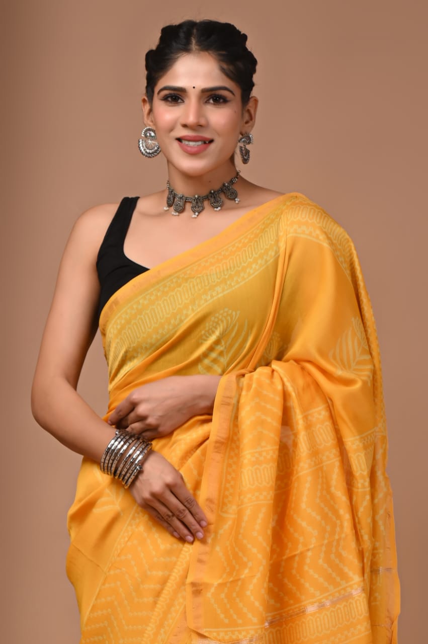 Yellow Colour Chanderi Hand Block Printed  Saree