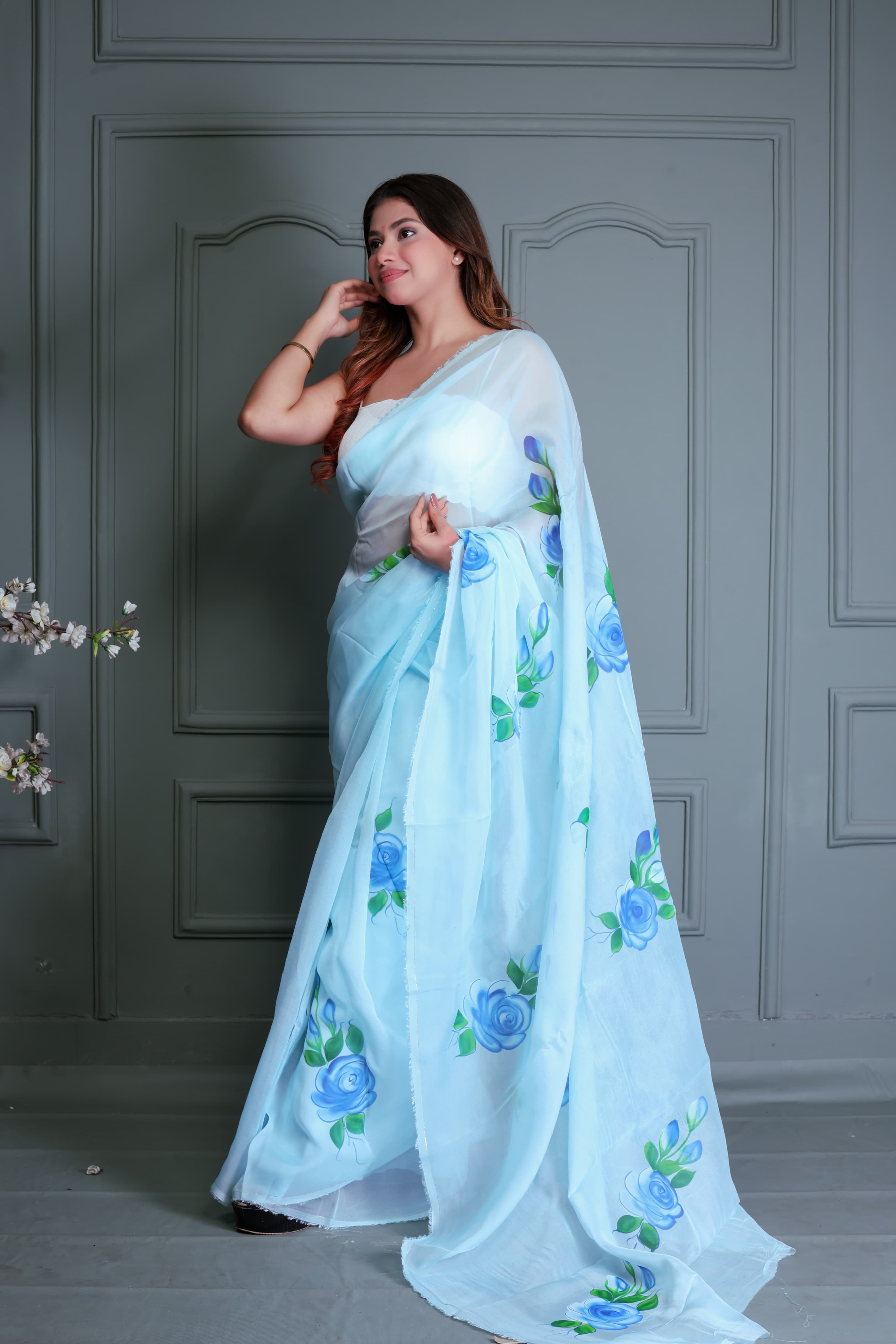 Light Blue Organza Hand Painted Saree