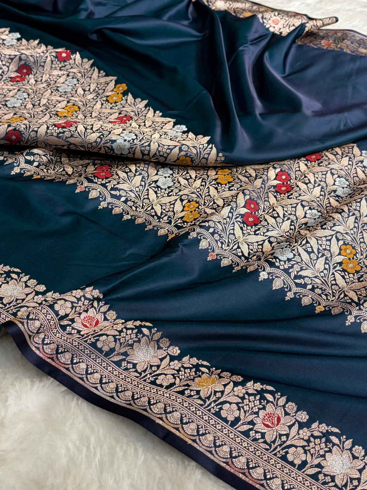 Peacock Blue Banarasee Meenakari Silk Saree with Centre Design work