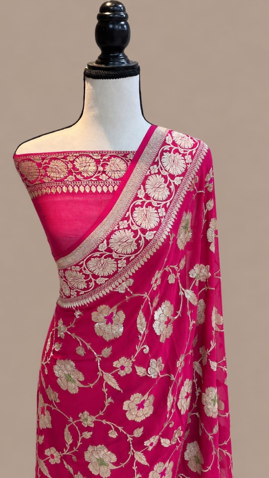 Rani Pink Banarasi Handloom Semi Georgette Saree