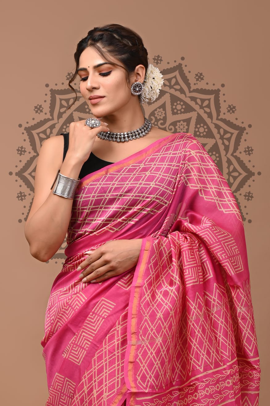 Pink Maheshwari Block Print Saree