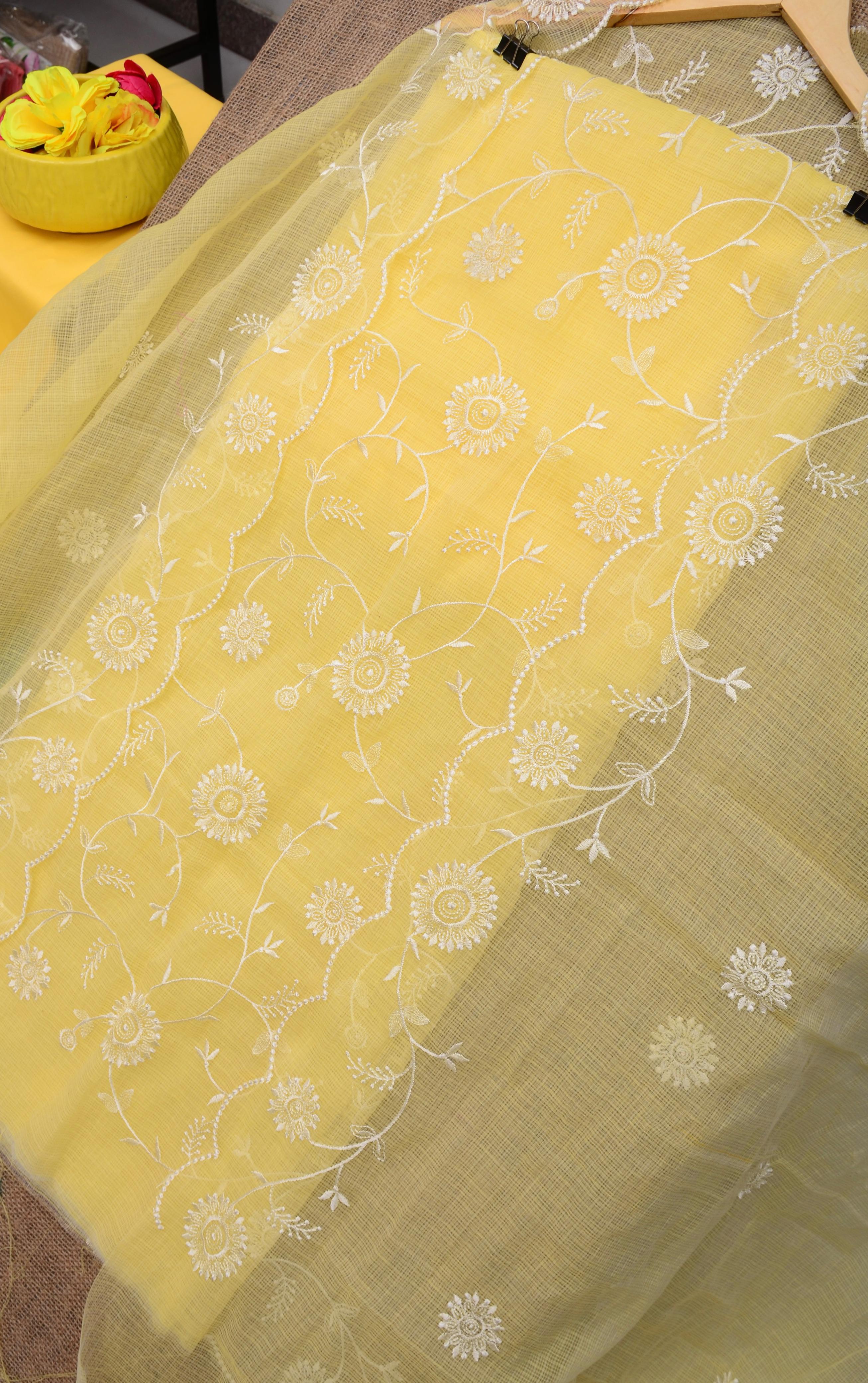 Tara- Kota Doriya Embroidery Work Suit In Yellow