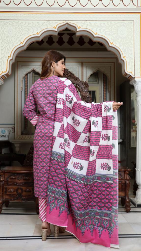 Pink Block Print Suit Set With Dupatta