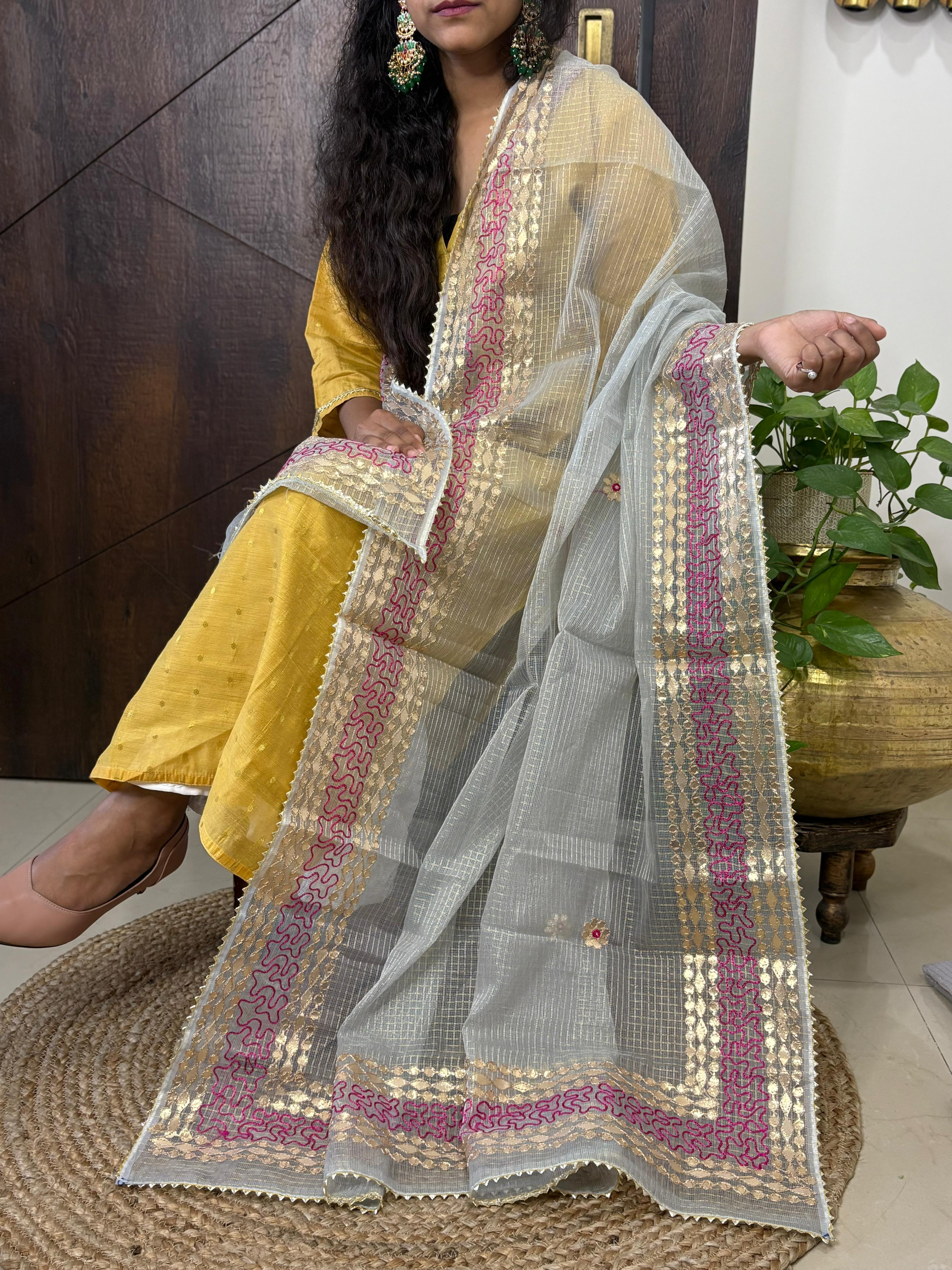 Grey Kota Doria Heavy Gota Patti Work Dupatta