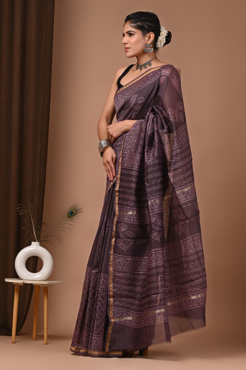Dark Brown Colour Chanderi Hand Block Printed  Saree