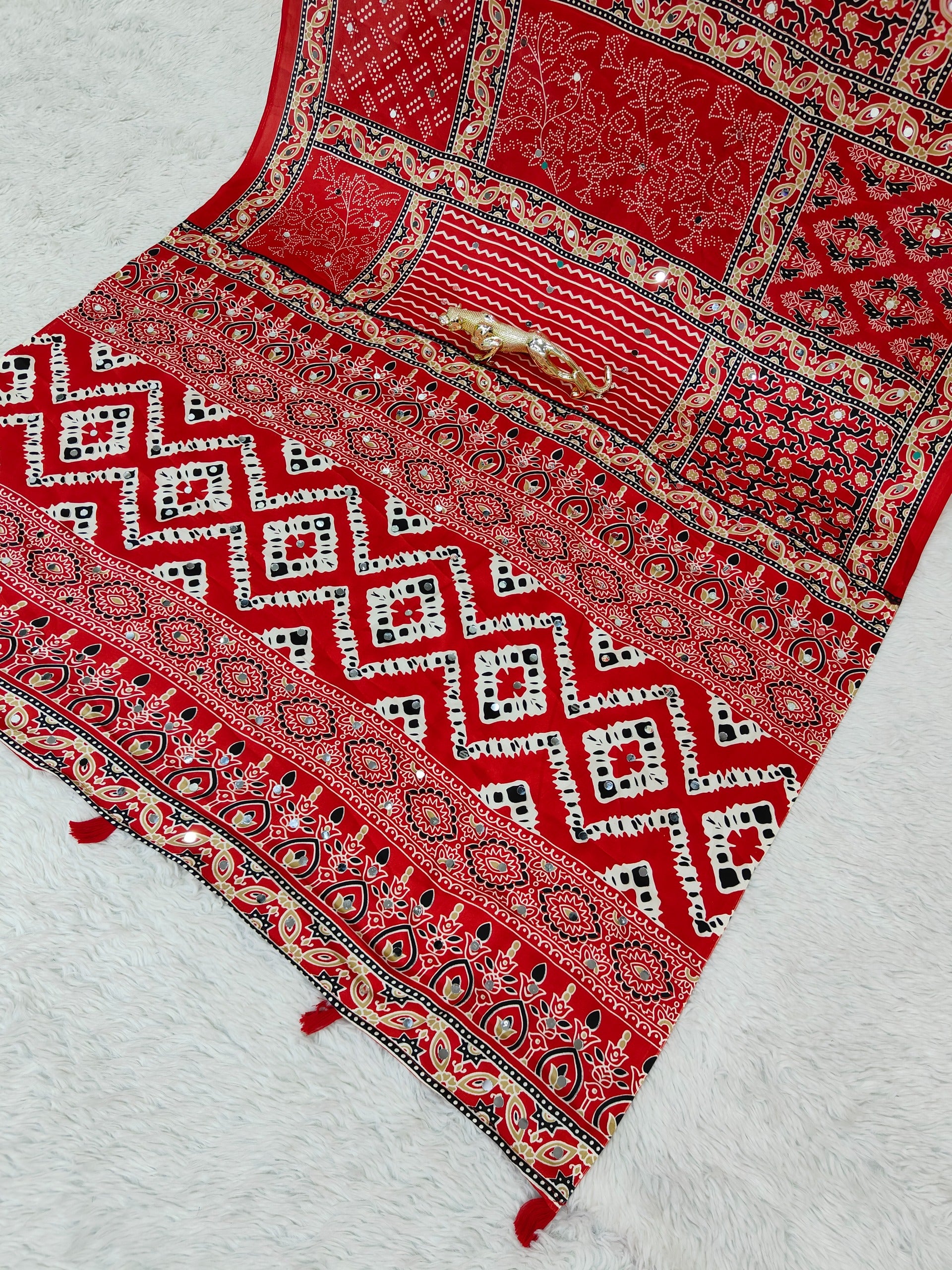 Red Ajrakh Print Mirror Work Satin Silk Saree
