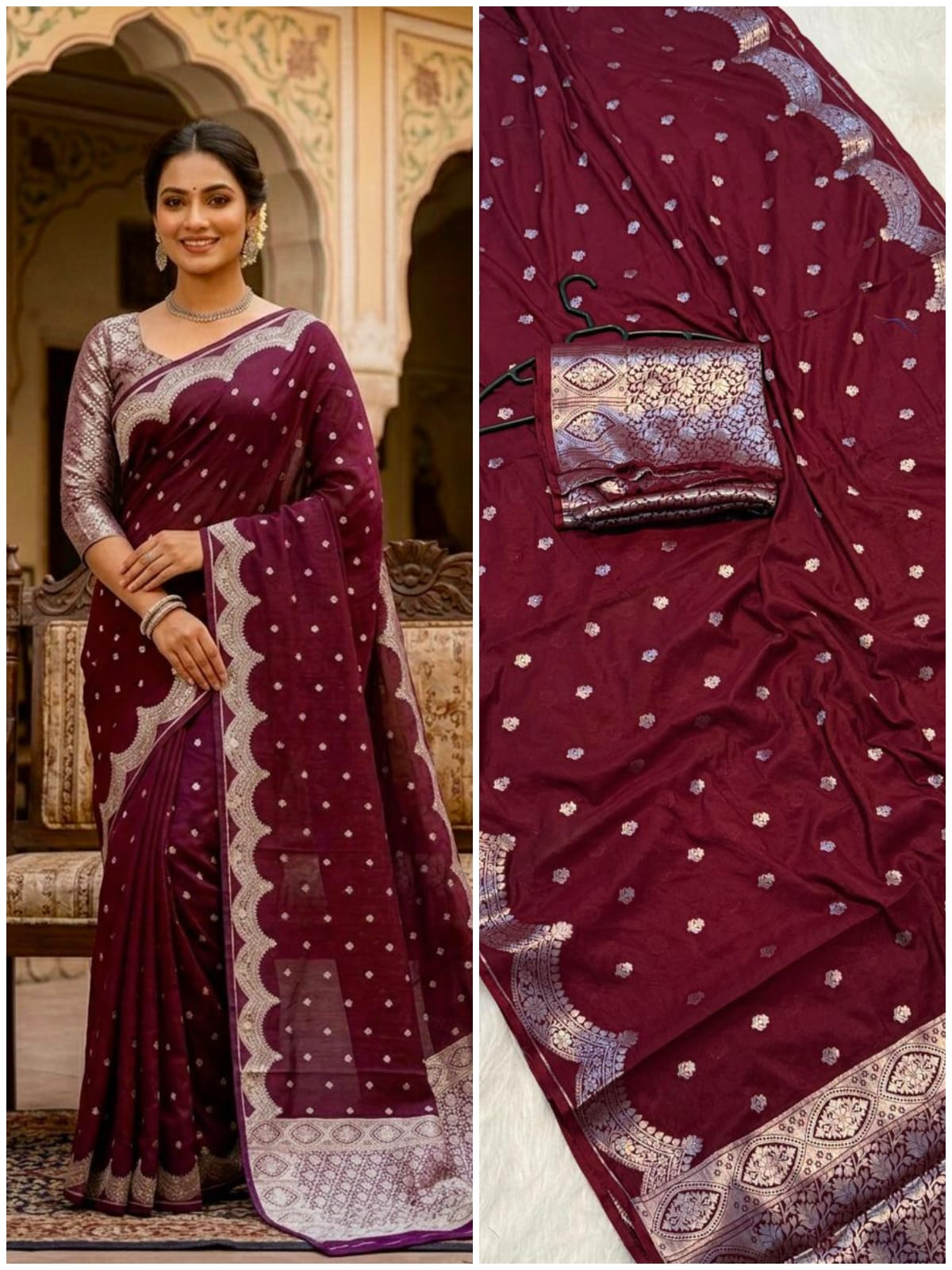 Banarasi Handloom Semi Kathan  Saree In Maroon