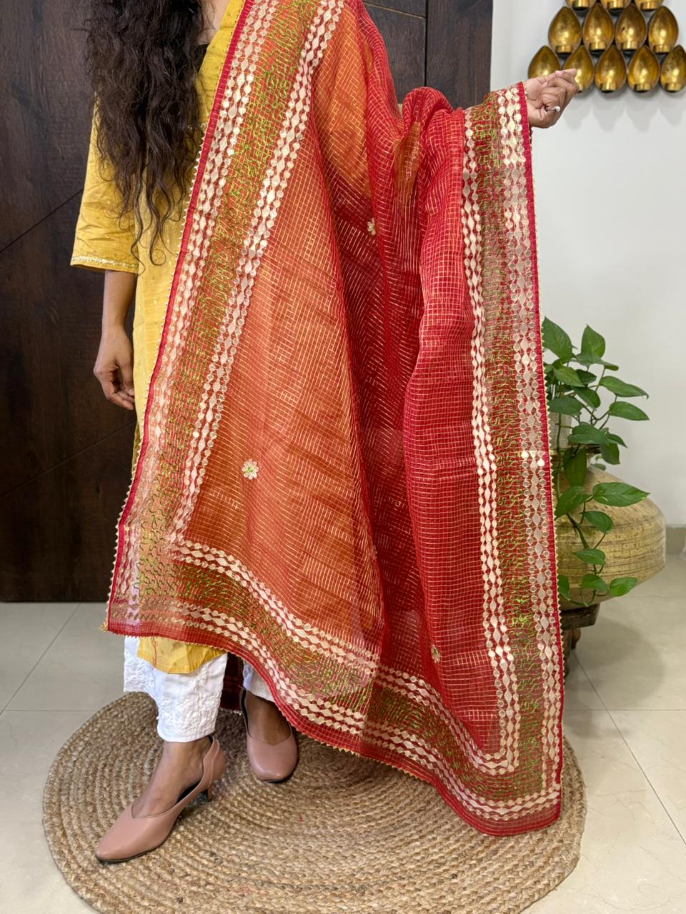 Red Kota Doria Heavy Gota Patti Work Dupatta