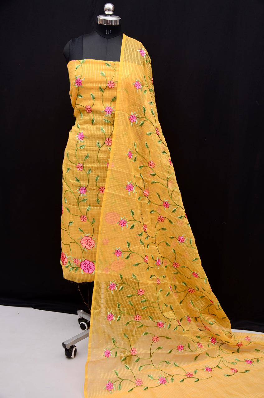 Kota Doria Embroidered Suit Set In Yellow (unstitched)